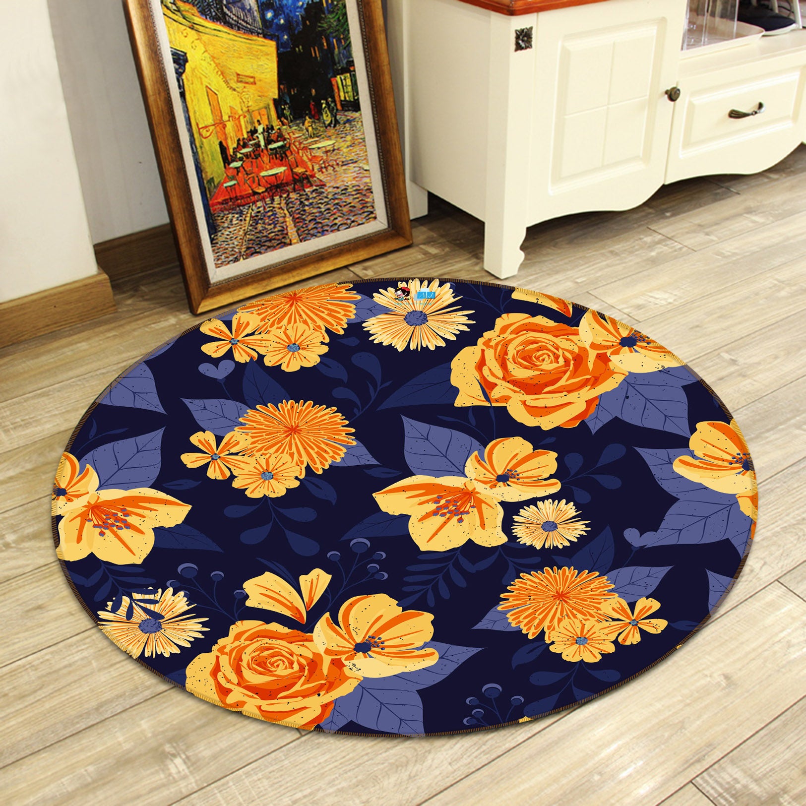 3D Orange Flower Pattern 64073 Round Non Slip Rug Mat