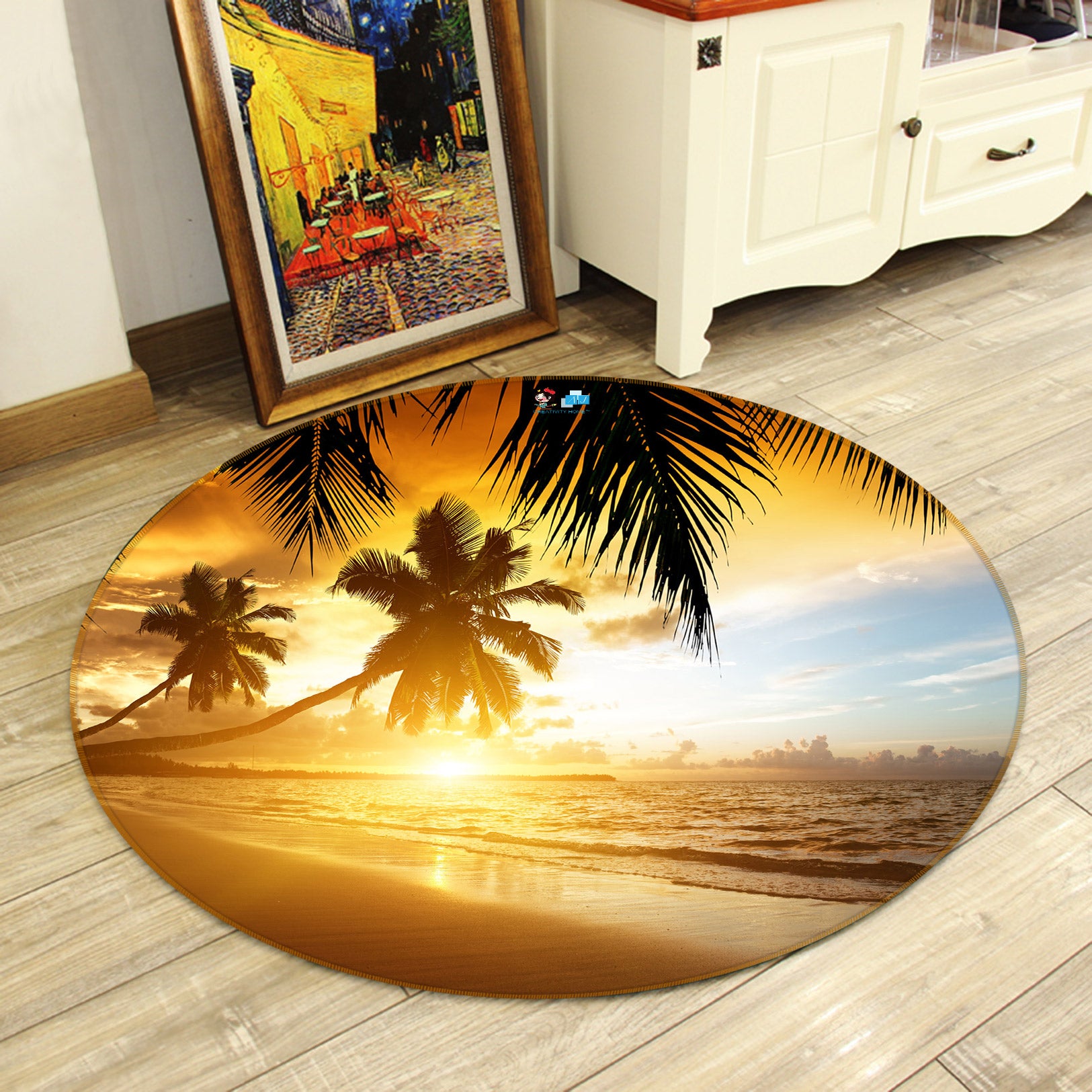 3D Seaside Coconut tree 73001 Round Non Slip Rug Mat