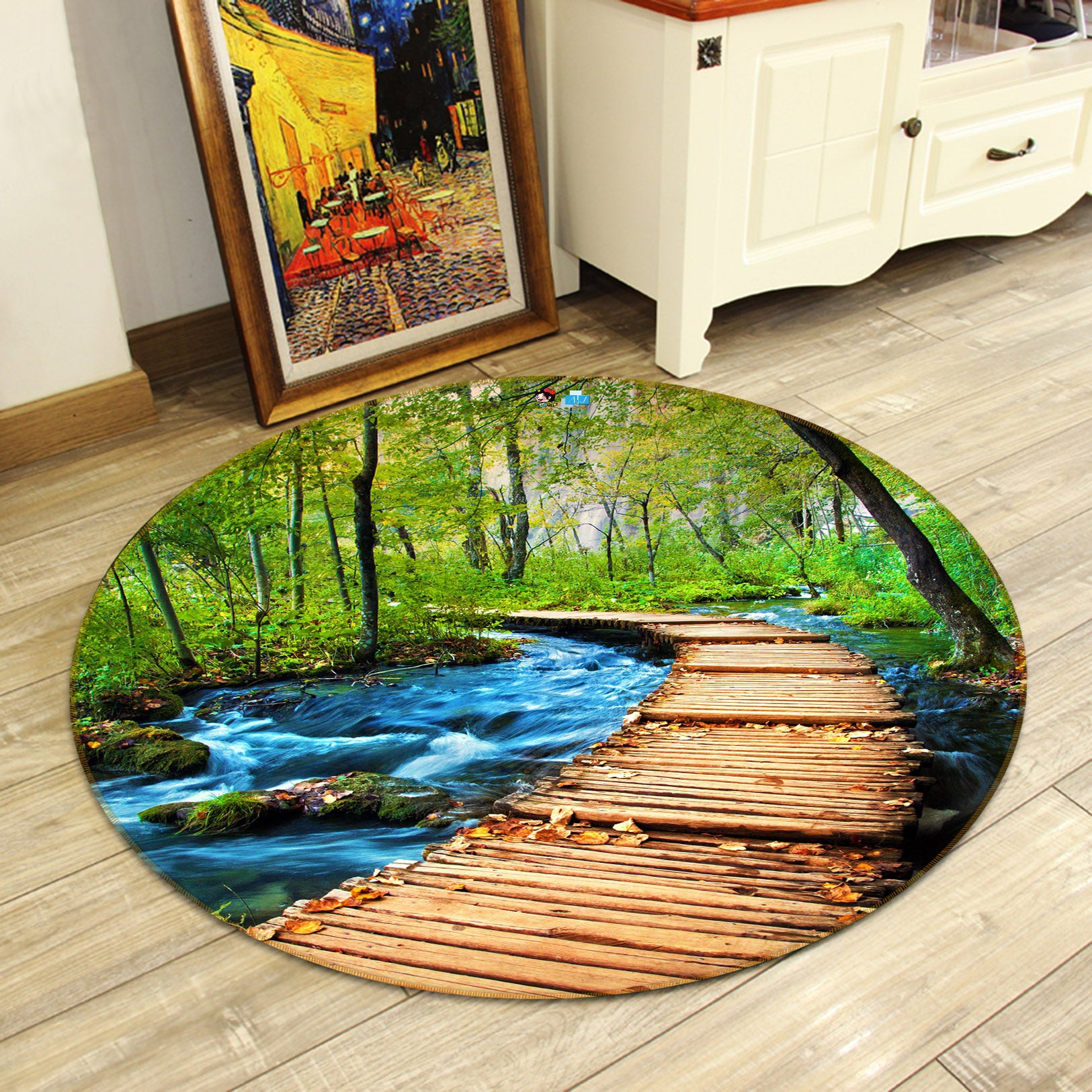 3D Wood Bridge 74128 Round Non Slip Rug Mat