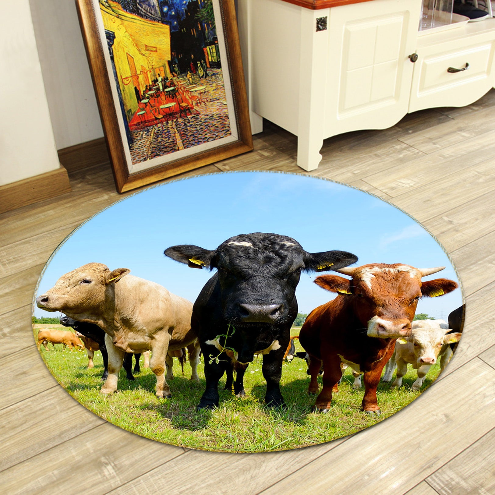 3D Grass Cows 82209 Animal Round Non Slip Rug Mat