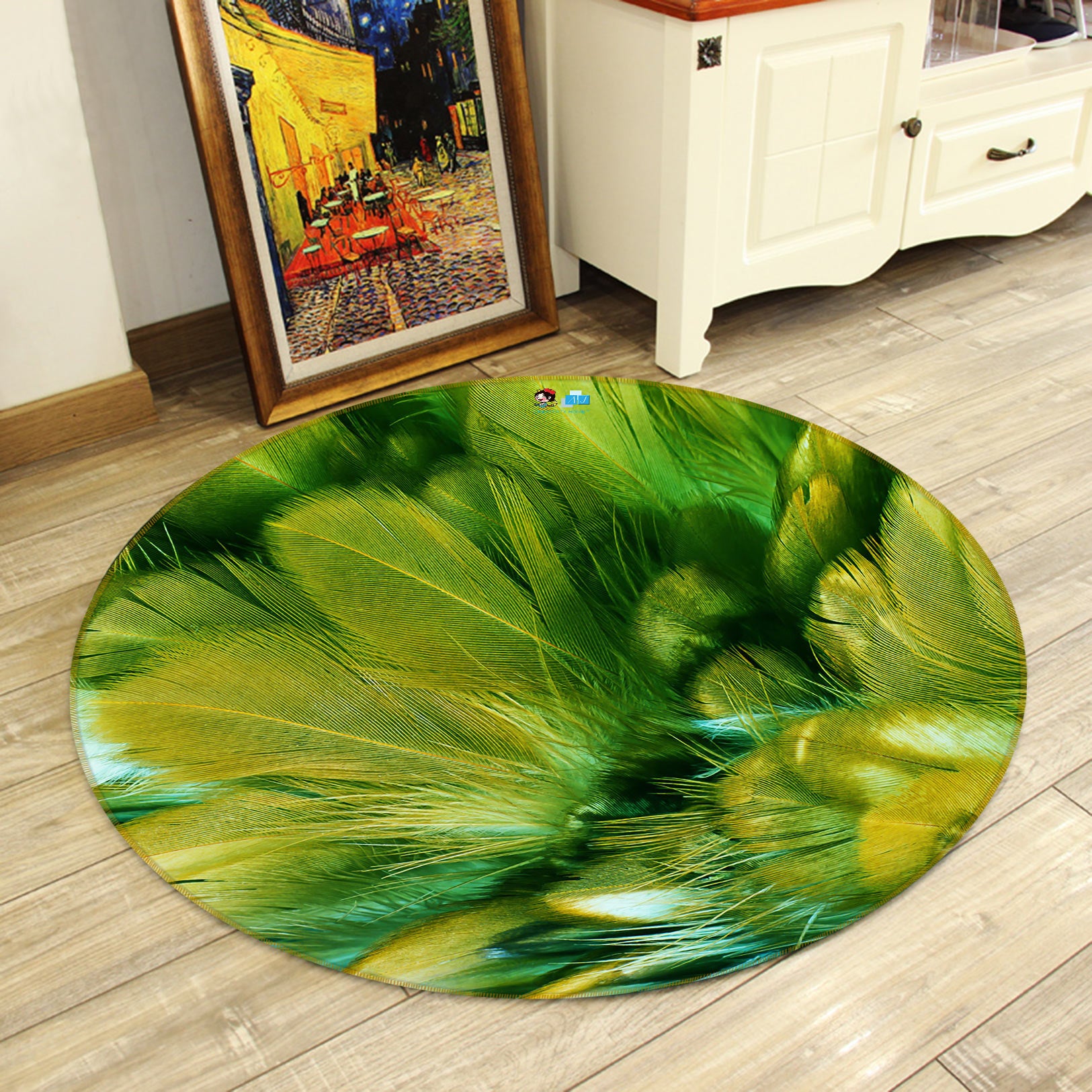 3D Green Feather 81163 Round Non Slip Rug Mat