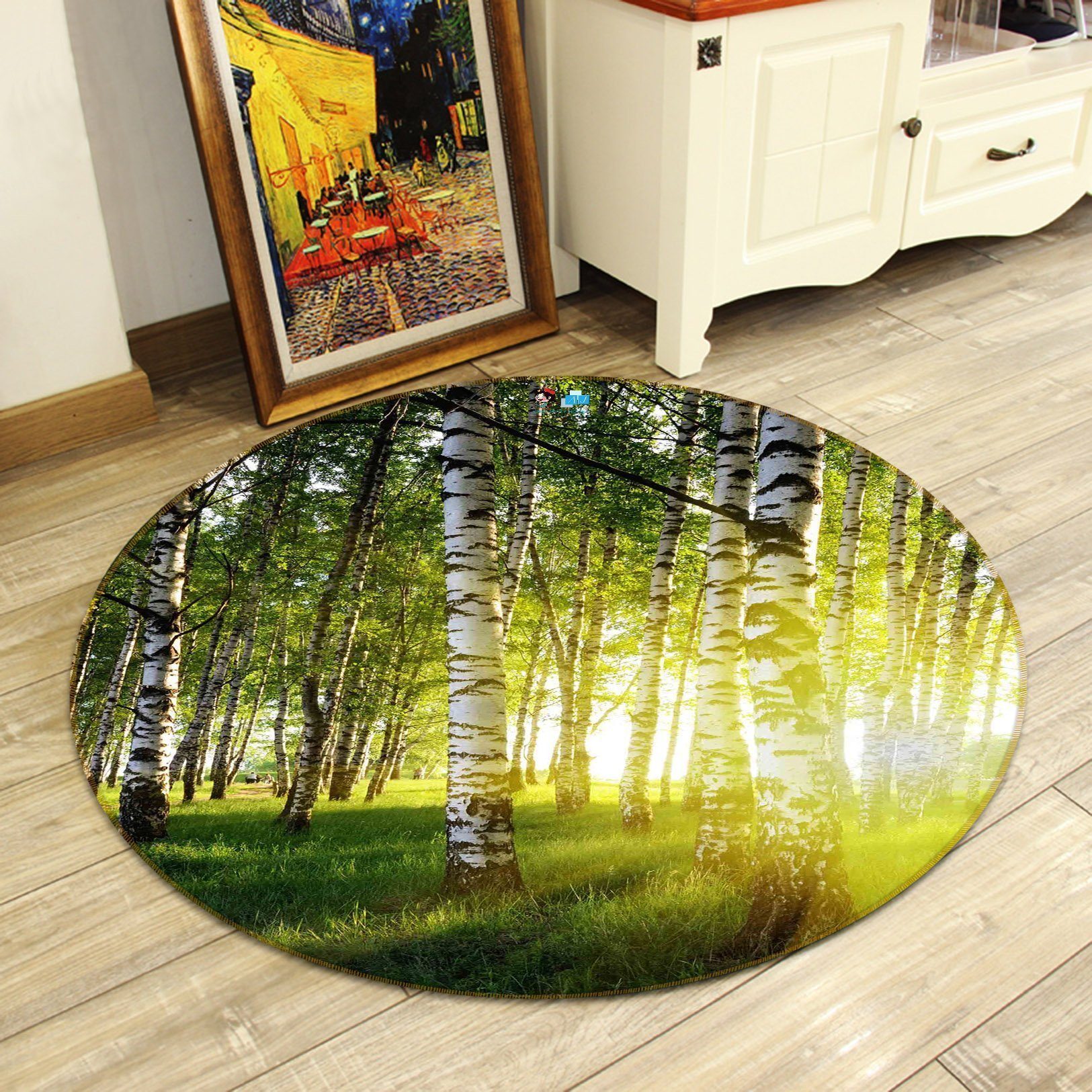 3D Green Trees Yellow Sunshine 120 Round Non Slip Rug Mat Mat AJ Creativity Home