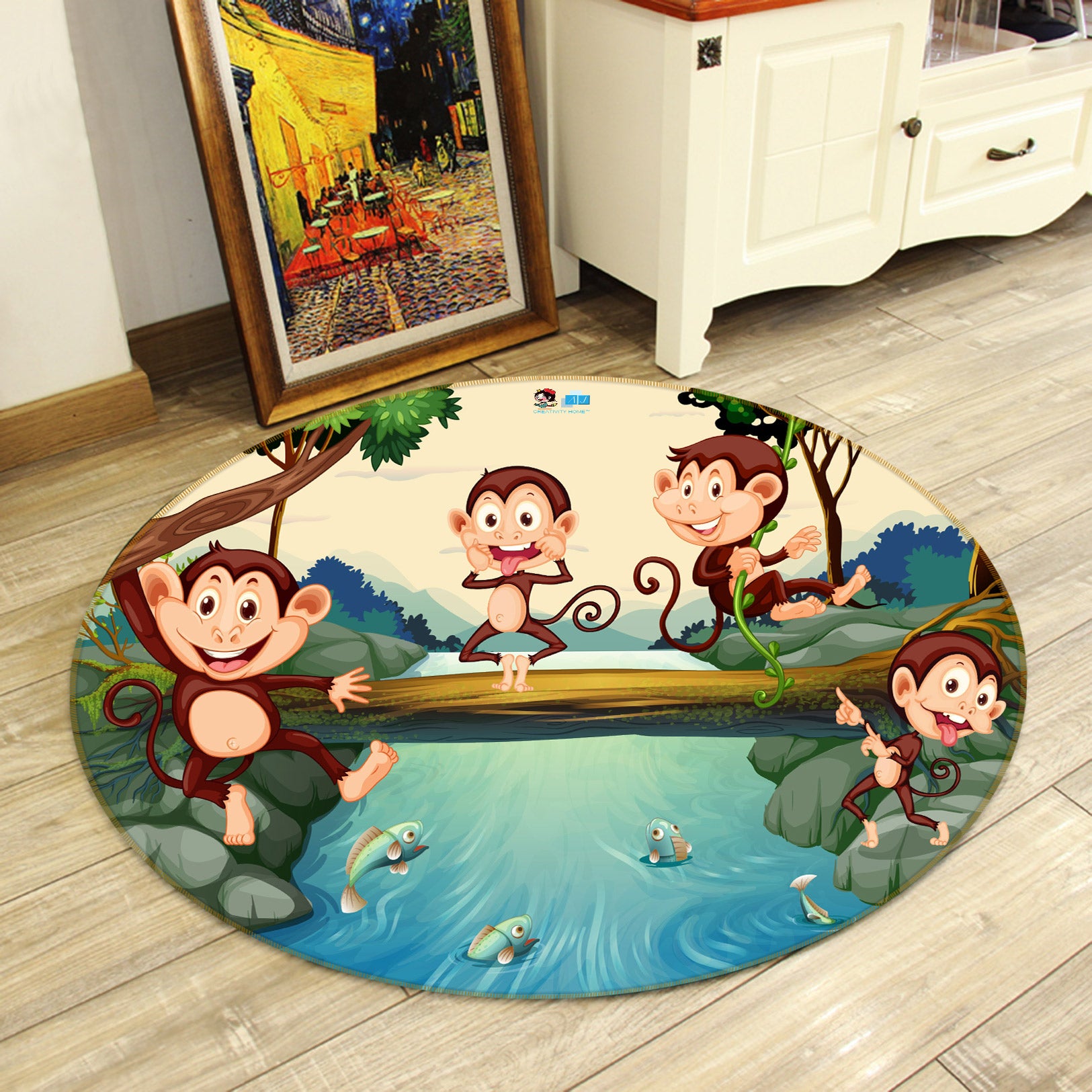 3D Small River Wooden Bridge Monkey 81241 Round Non Slip Rug Mat