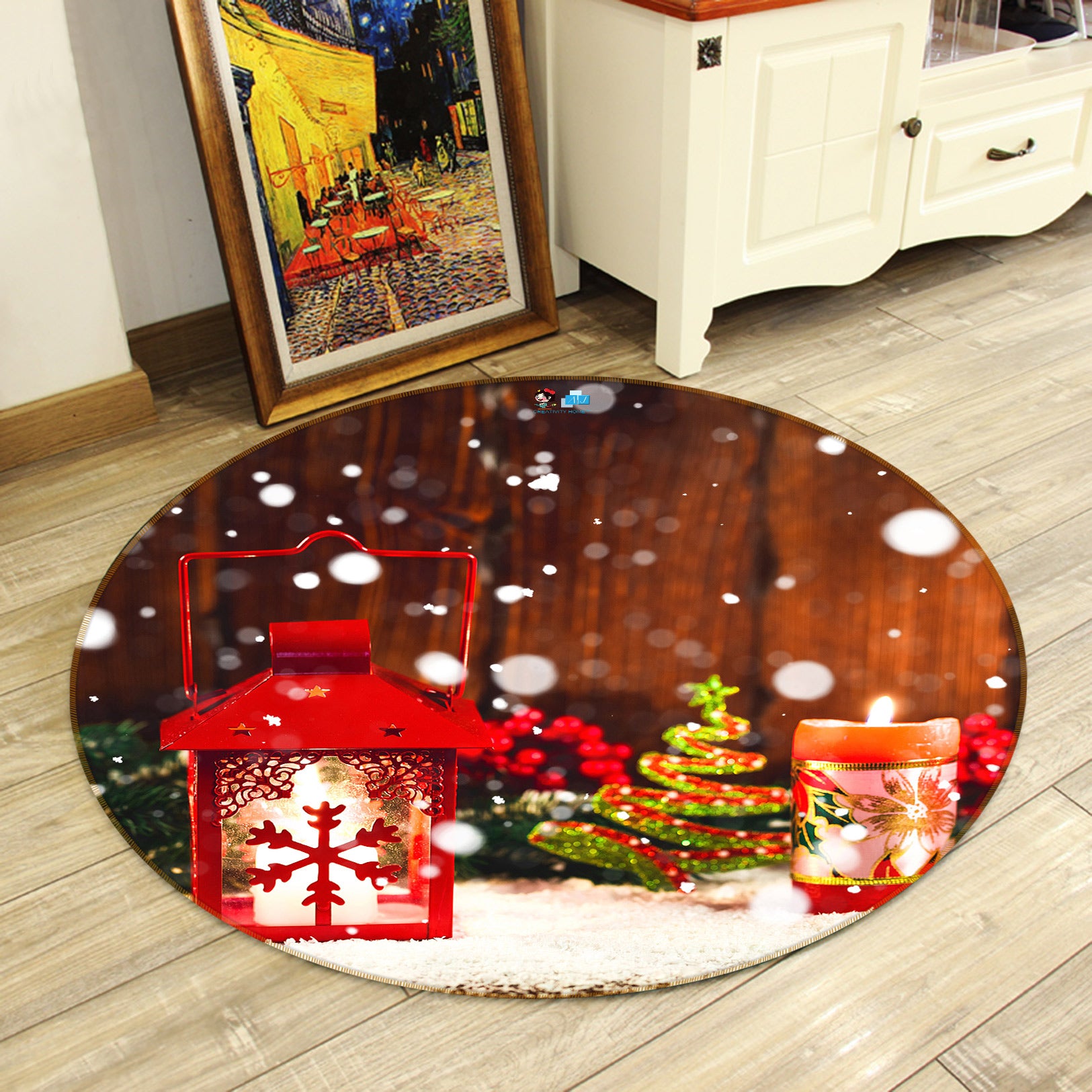 3D Snowflake Candle 54059 Christmas Round Non Slip Rug Mat Xmas