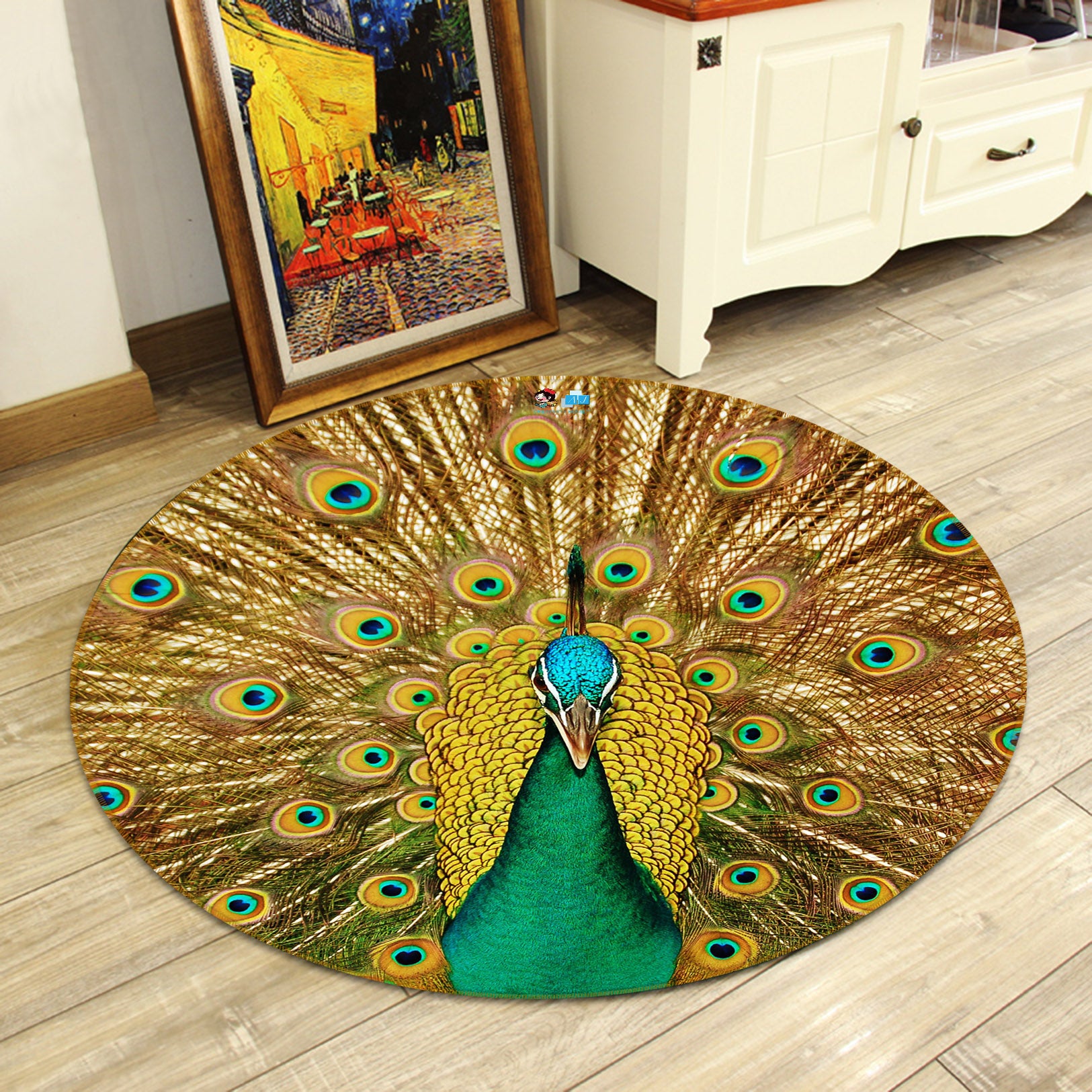3D Golden Peacock 72051 Round Non Slip Rug Mat