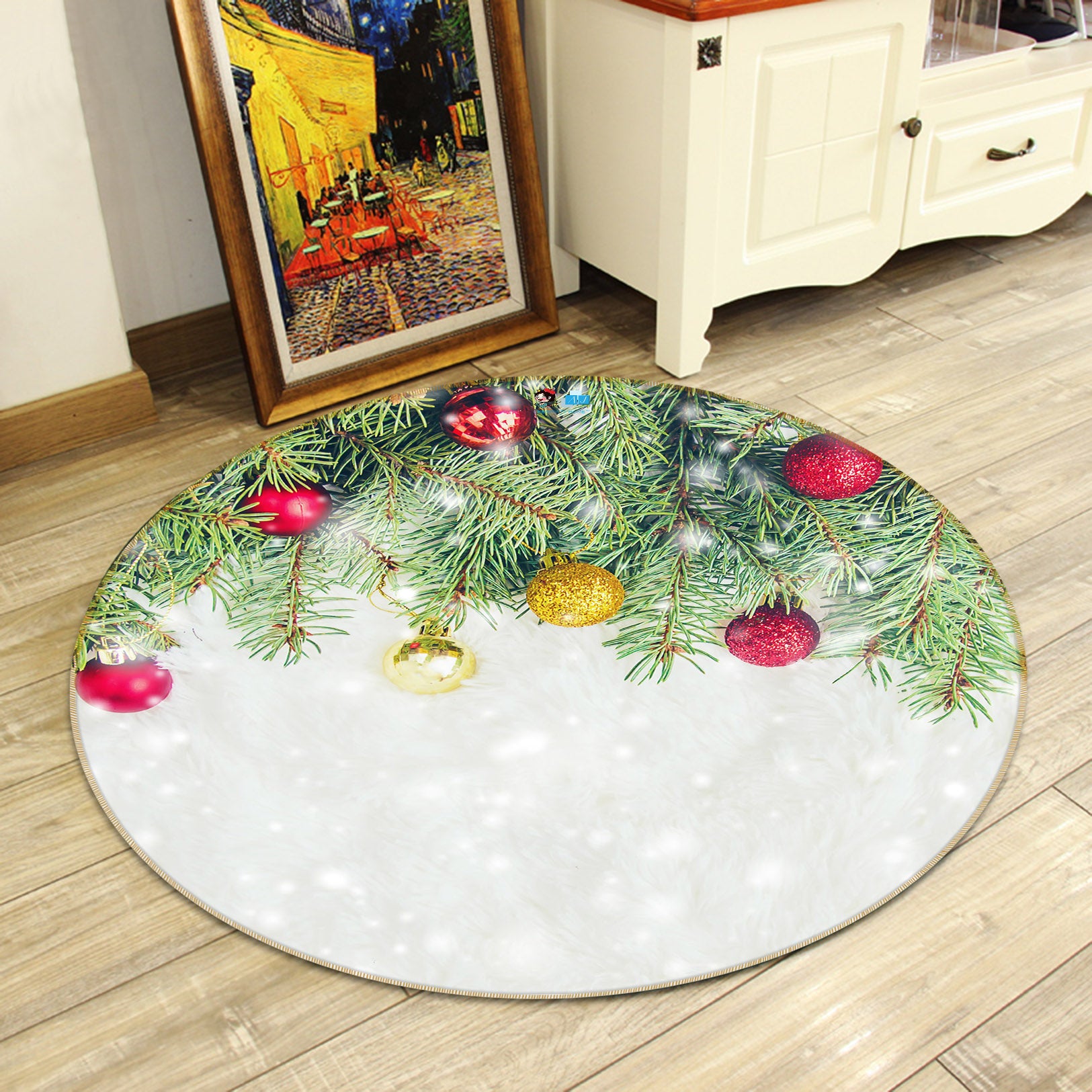 3D Branch Red Yellow Ball 54175 Christmas Round Non Slip Rug Mat Xmas