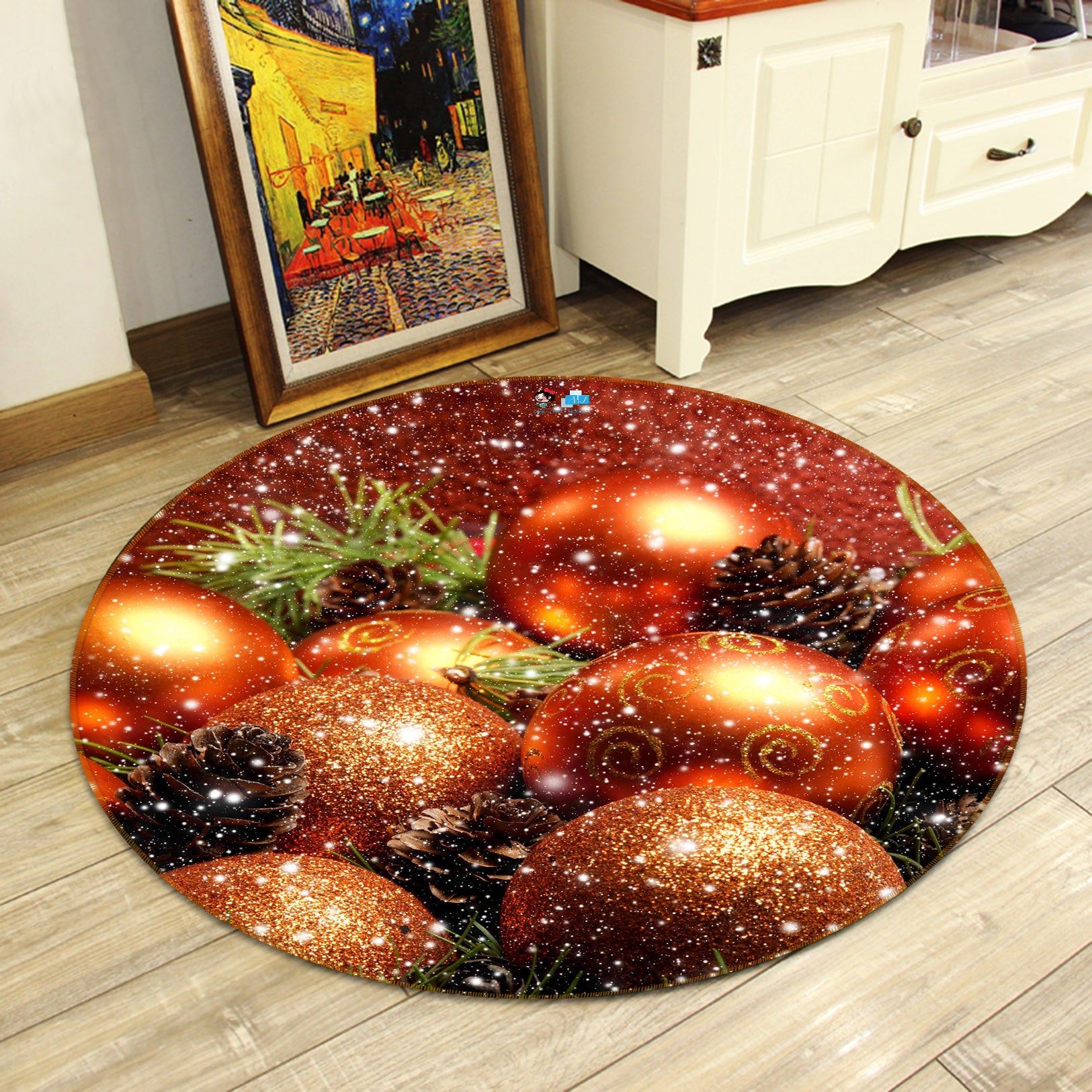 3D Golden Ball 54122 Christmas Round Non Slip Rug Mat Xmas