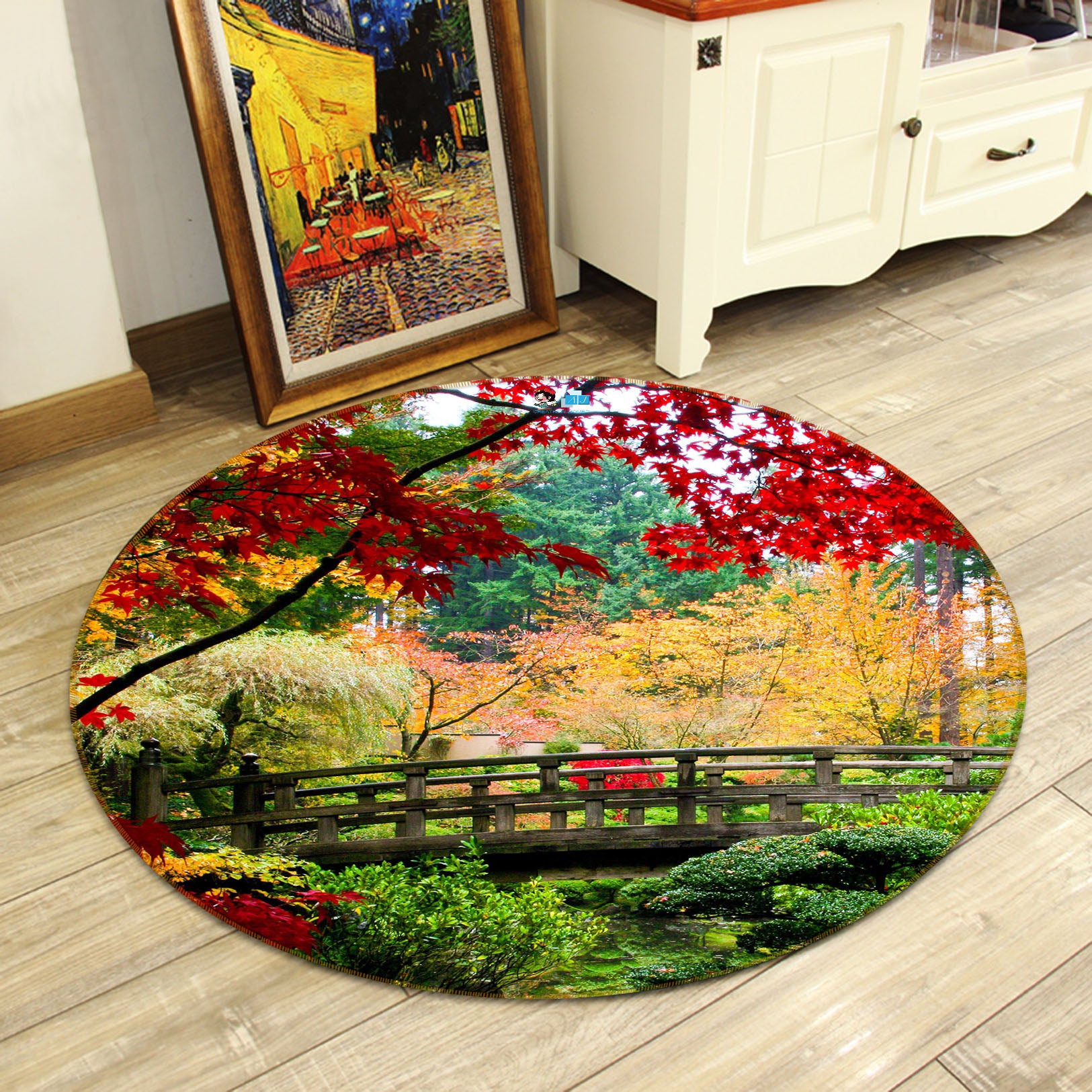 3D Trees Bridge 72072 Round Non Slip Rug Mat