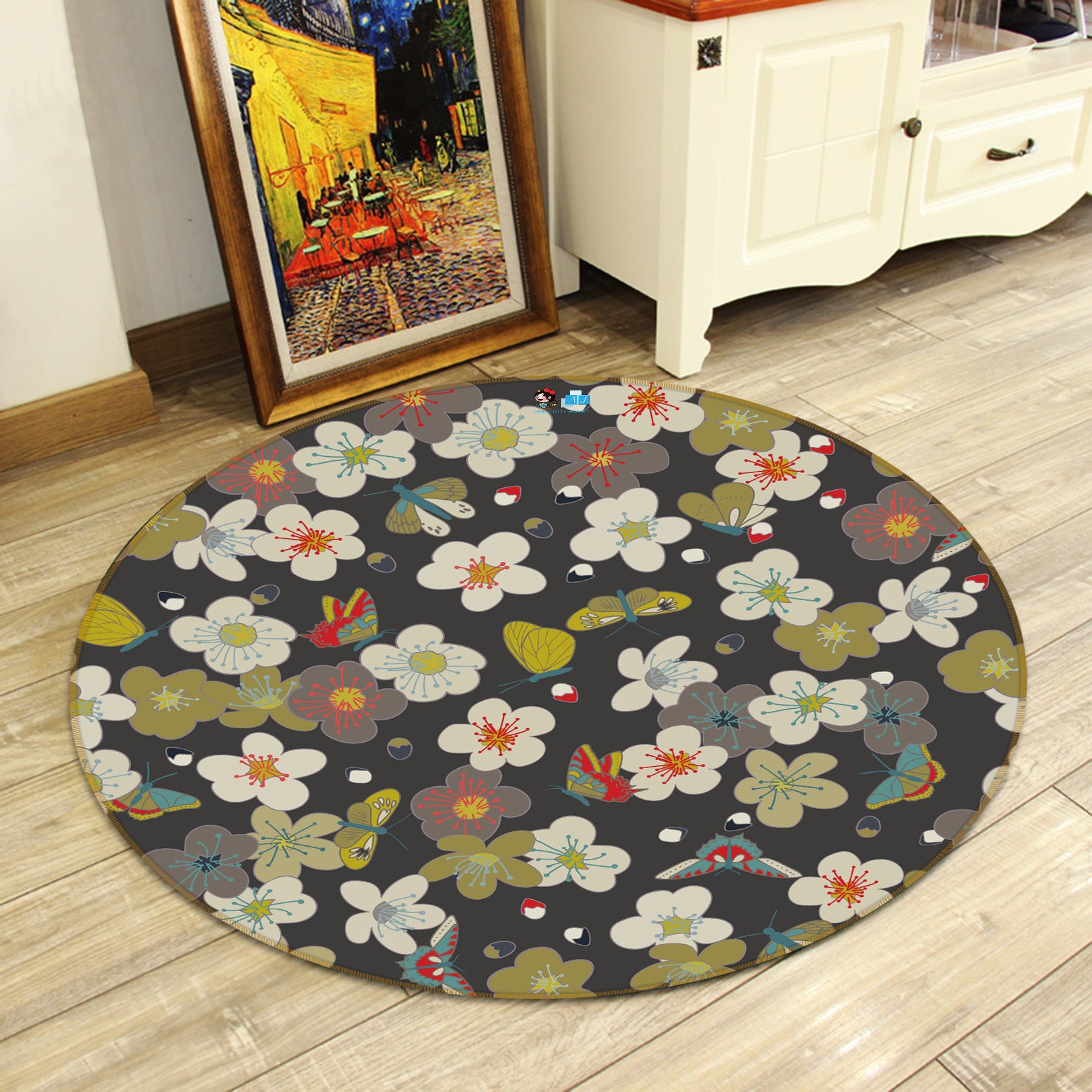3D Small Flower Pattern 64180 Round Non Slip Rug Mat