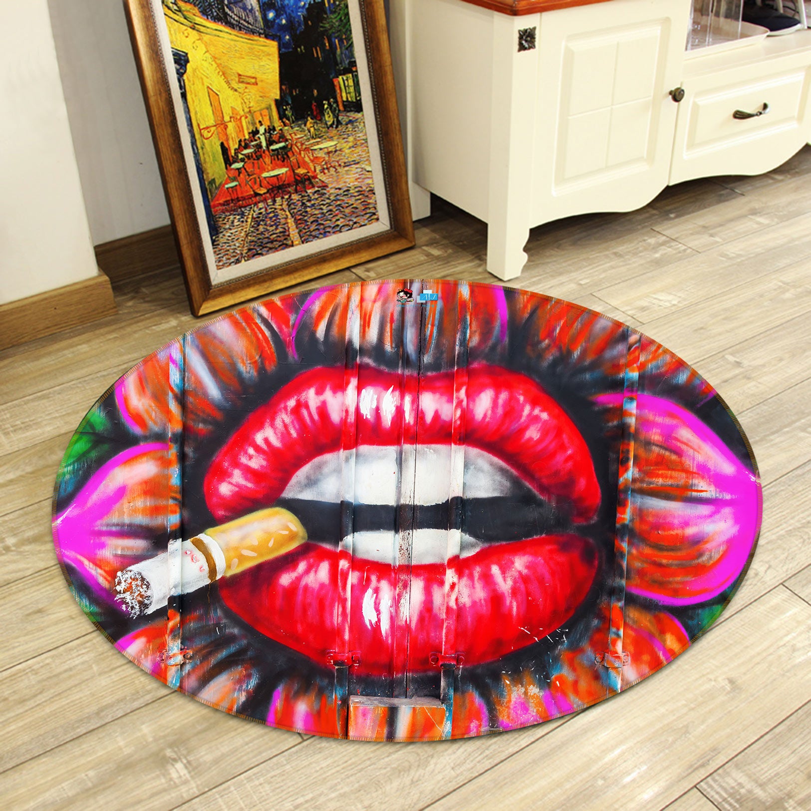 3D Graffiti Lip Smoke 72177 Round Non Slip Rug Mat
