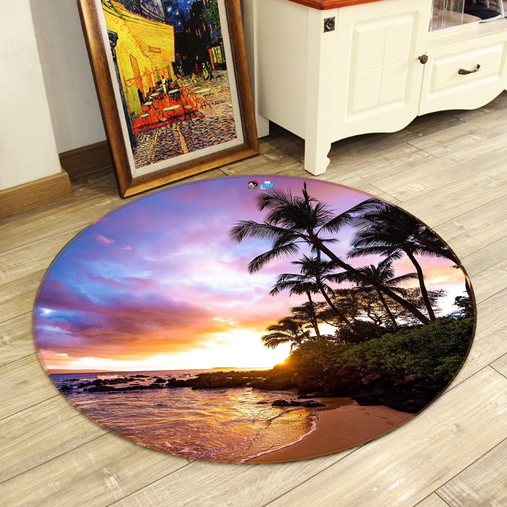 3D Seaside Coconut Tree 69113 Round Non Slip Rug Mat
