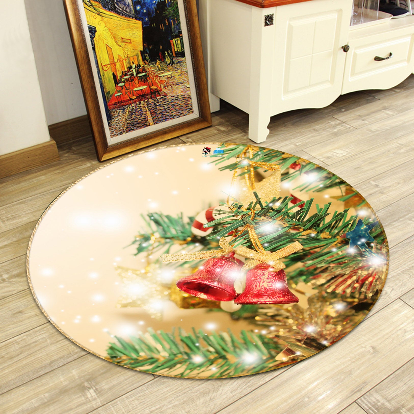 3D Branches Bells 54143 Christmas Round Non Slip Rug Mat Xmas