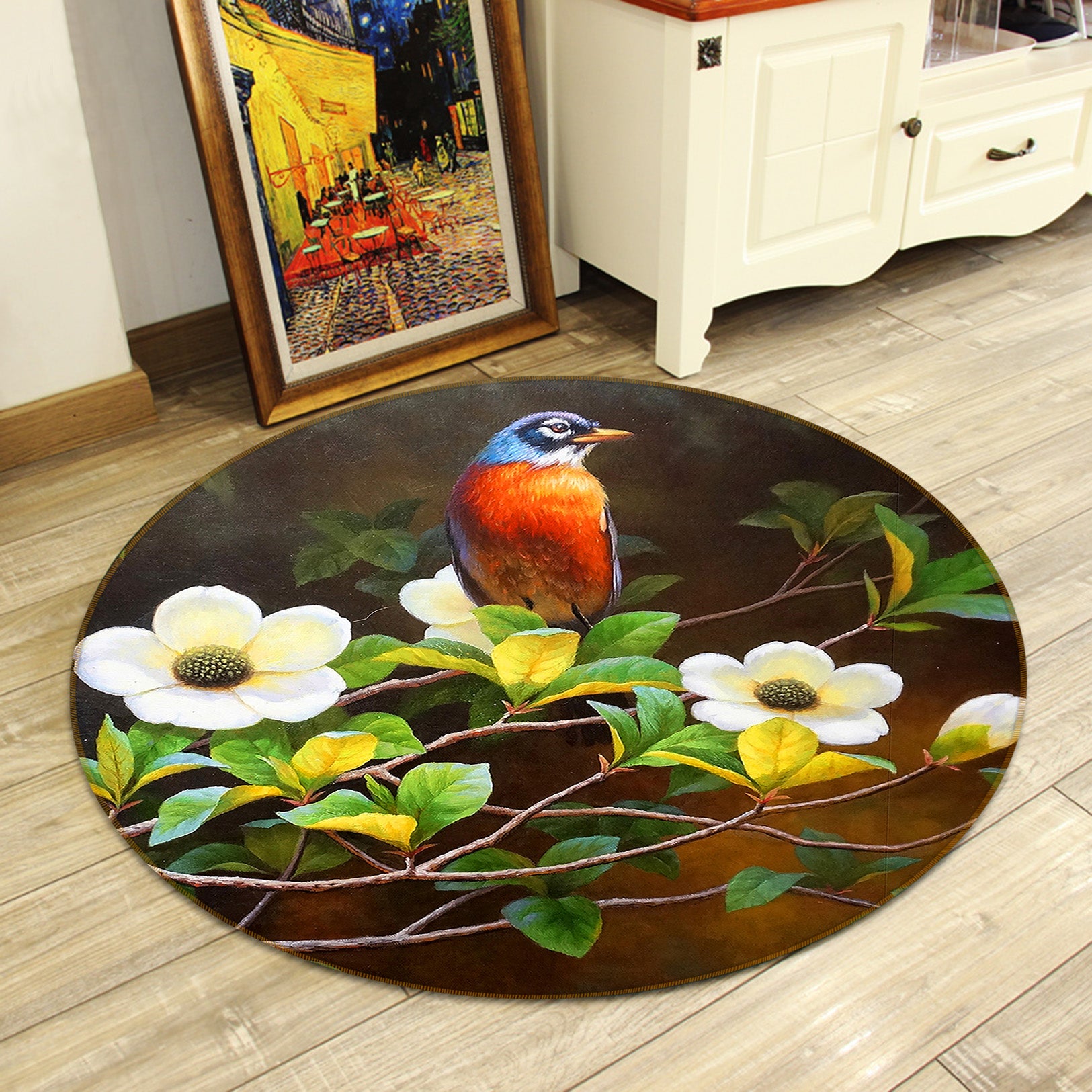 3D Bird Flowers Branch 71181 Round Non Slip Rug Mat