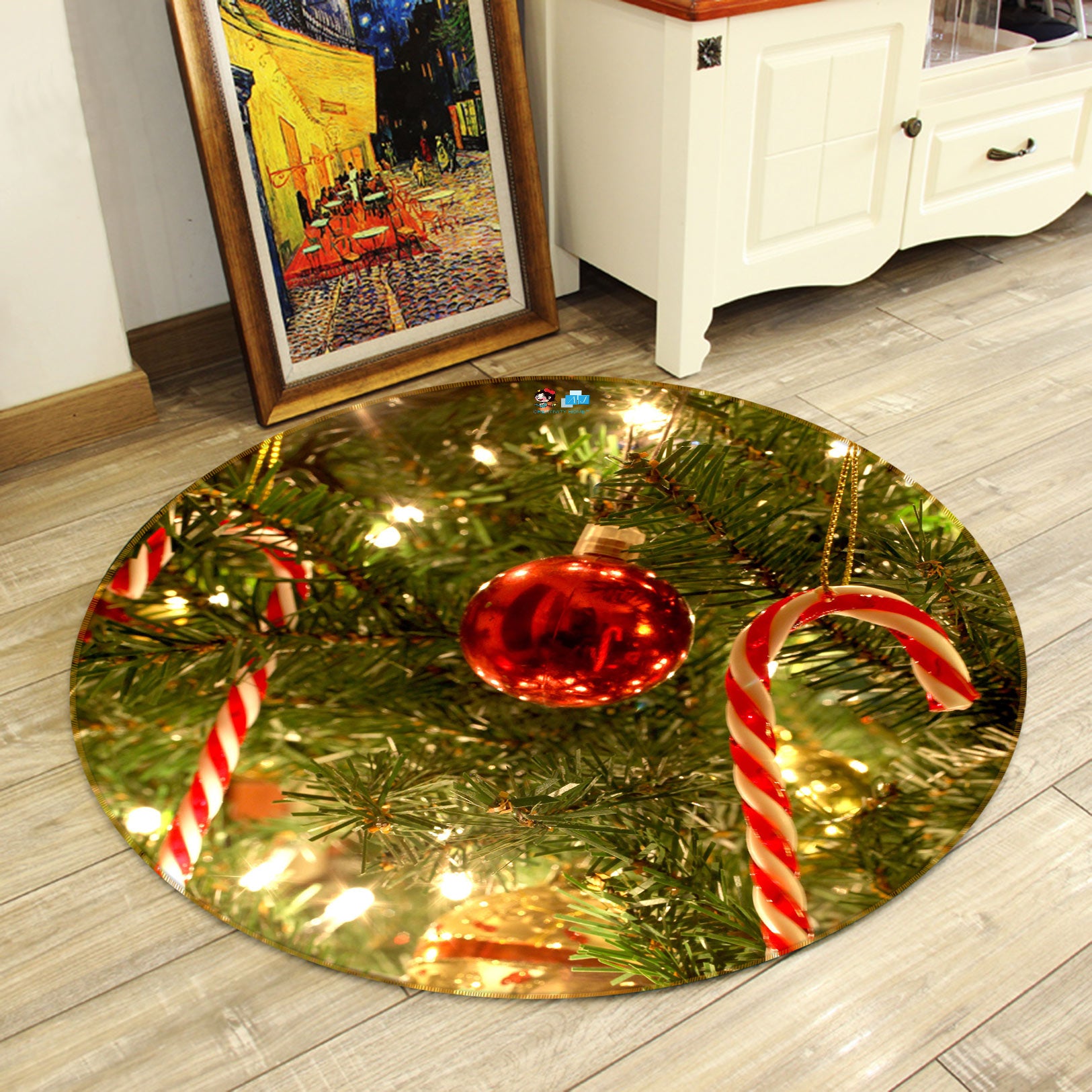 3D Red Ball Candy Cane Pendant 54066 Christmas Round Non Slip Rug Mat Xmas