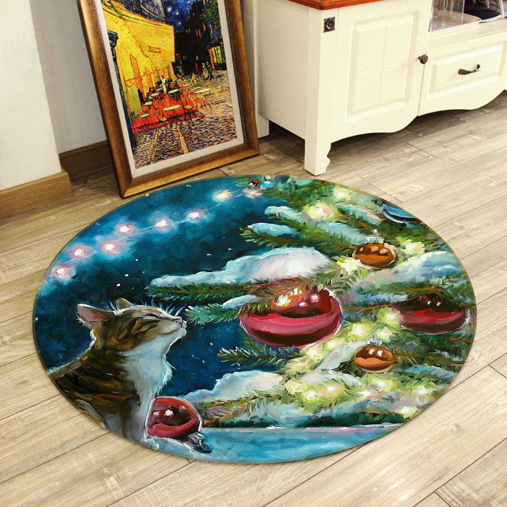 3D Cat Red Ball 54076 Christmas Round Non Slip Rug Mat Xmas