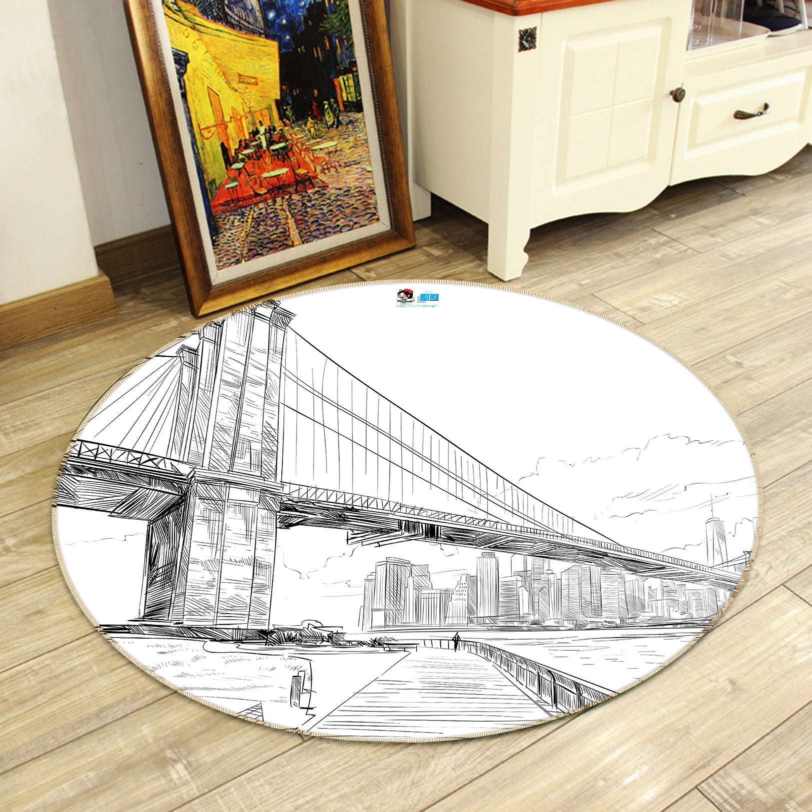 3D Black White Hand-Painted Bridge 73029 Round Non Slip Rug Mat