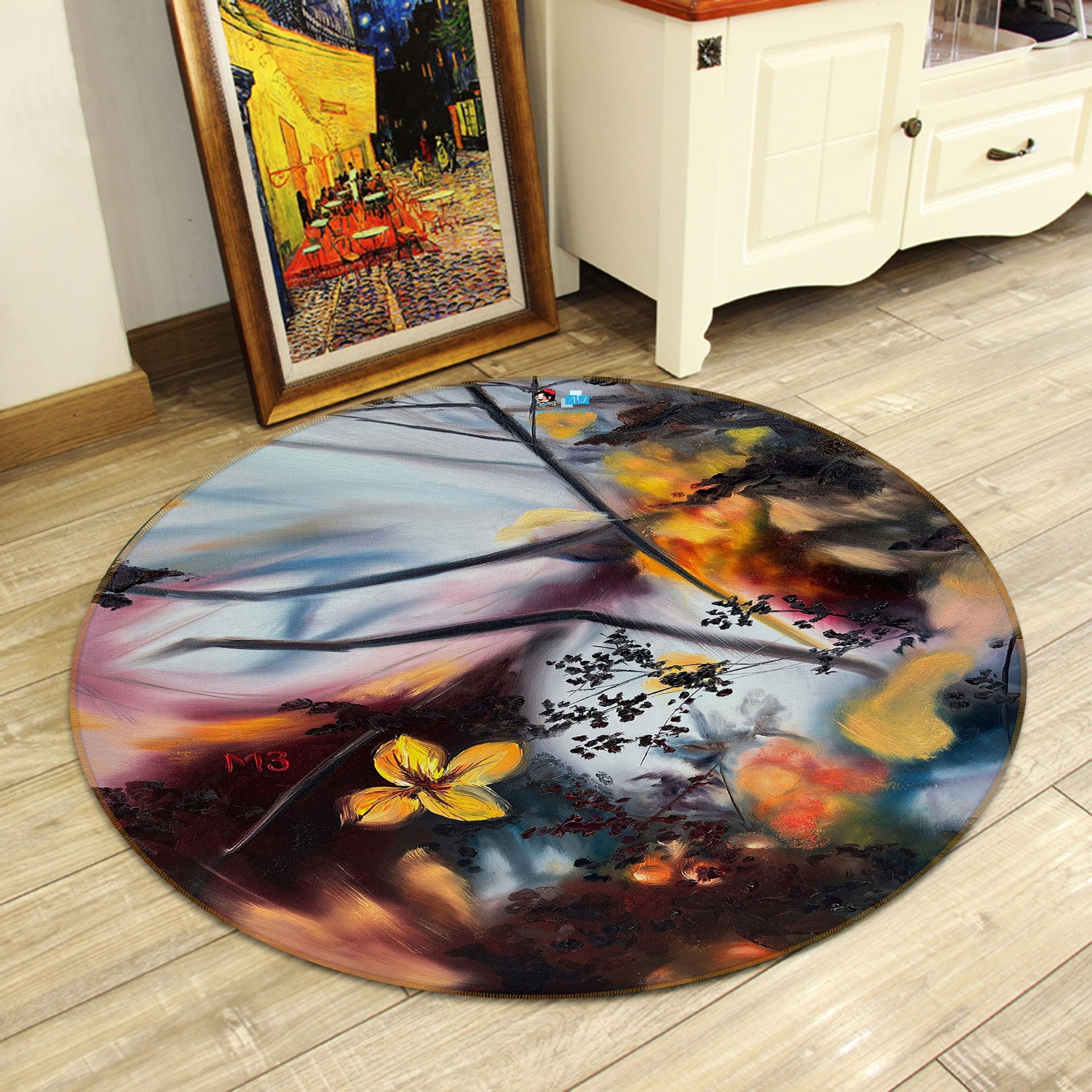 3D Flower Branch Painting 9724 Marina Zotova Rug Round Non Slip Rug Mat