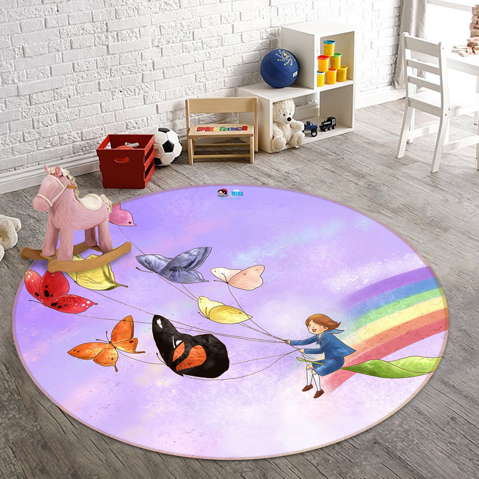 3D Rainbow Butterfly 72242 Round Non Slip Rug Mat