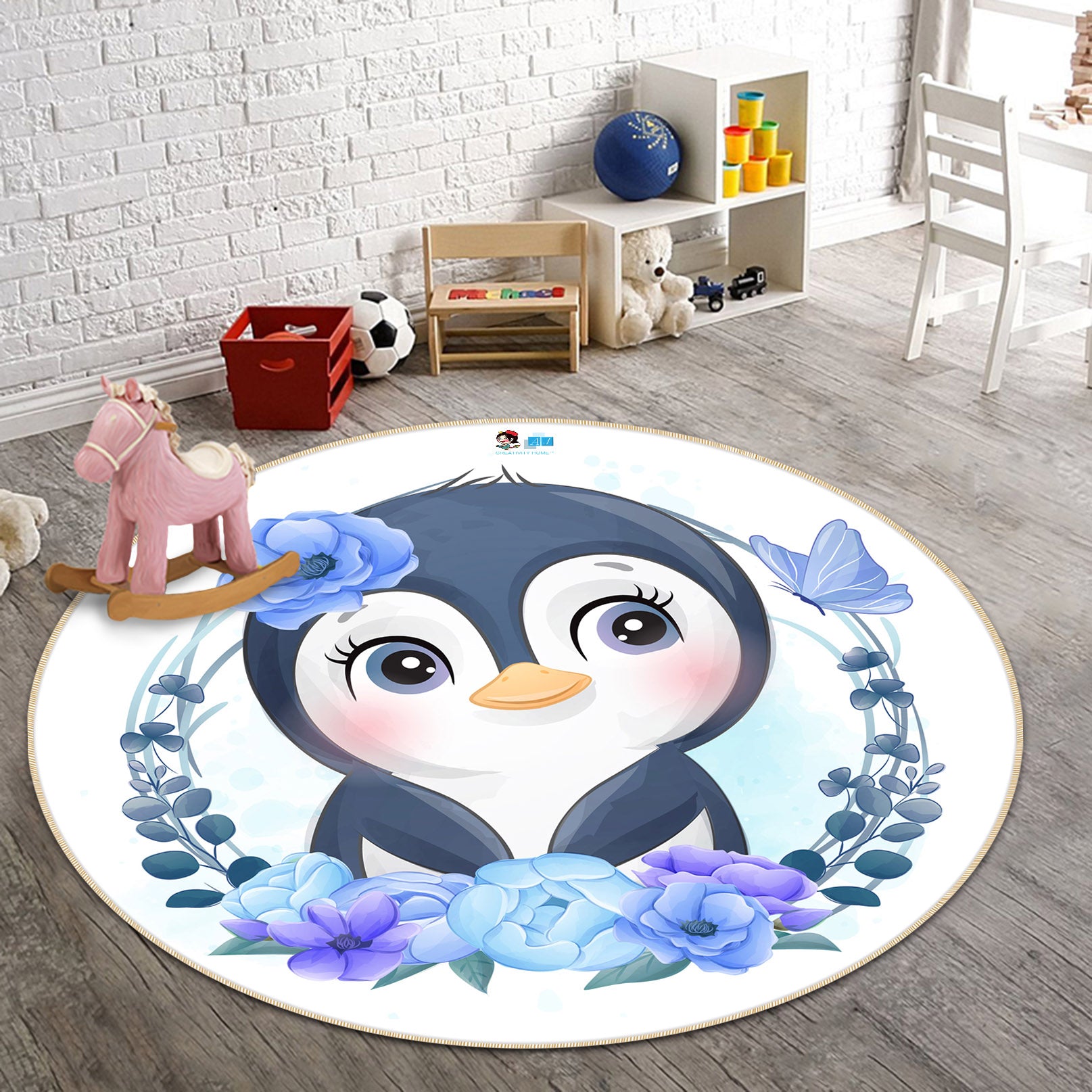 3D Cartoon Penguin 74232 Round Non Slip Rug Mat