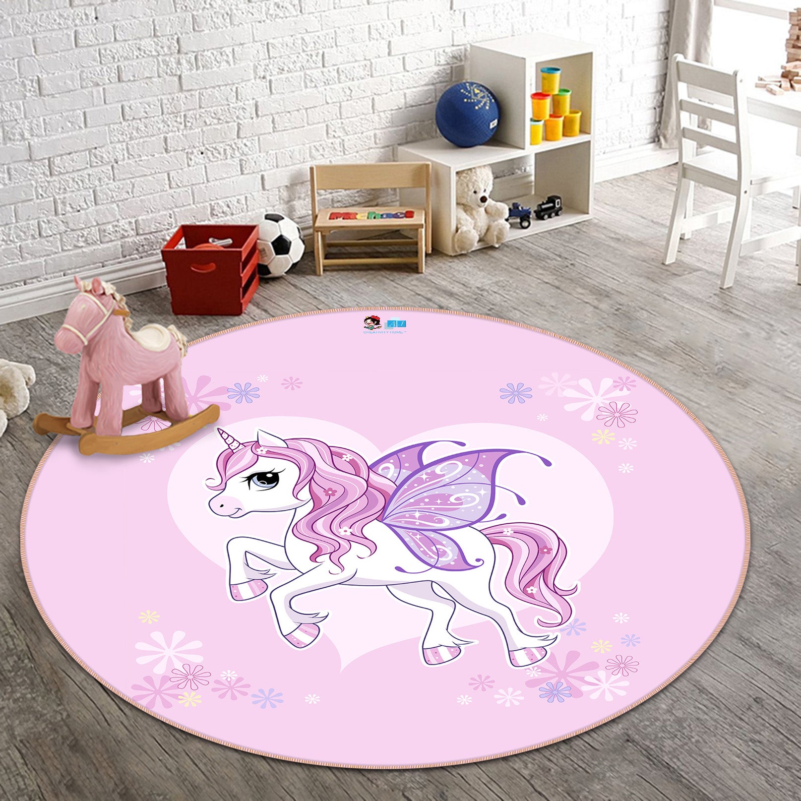 3D Purple Pink Unicorn 74234 Round Non Slip Rug Mat