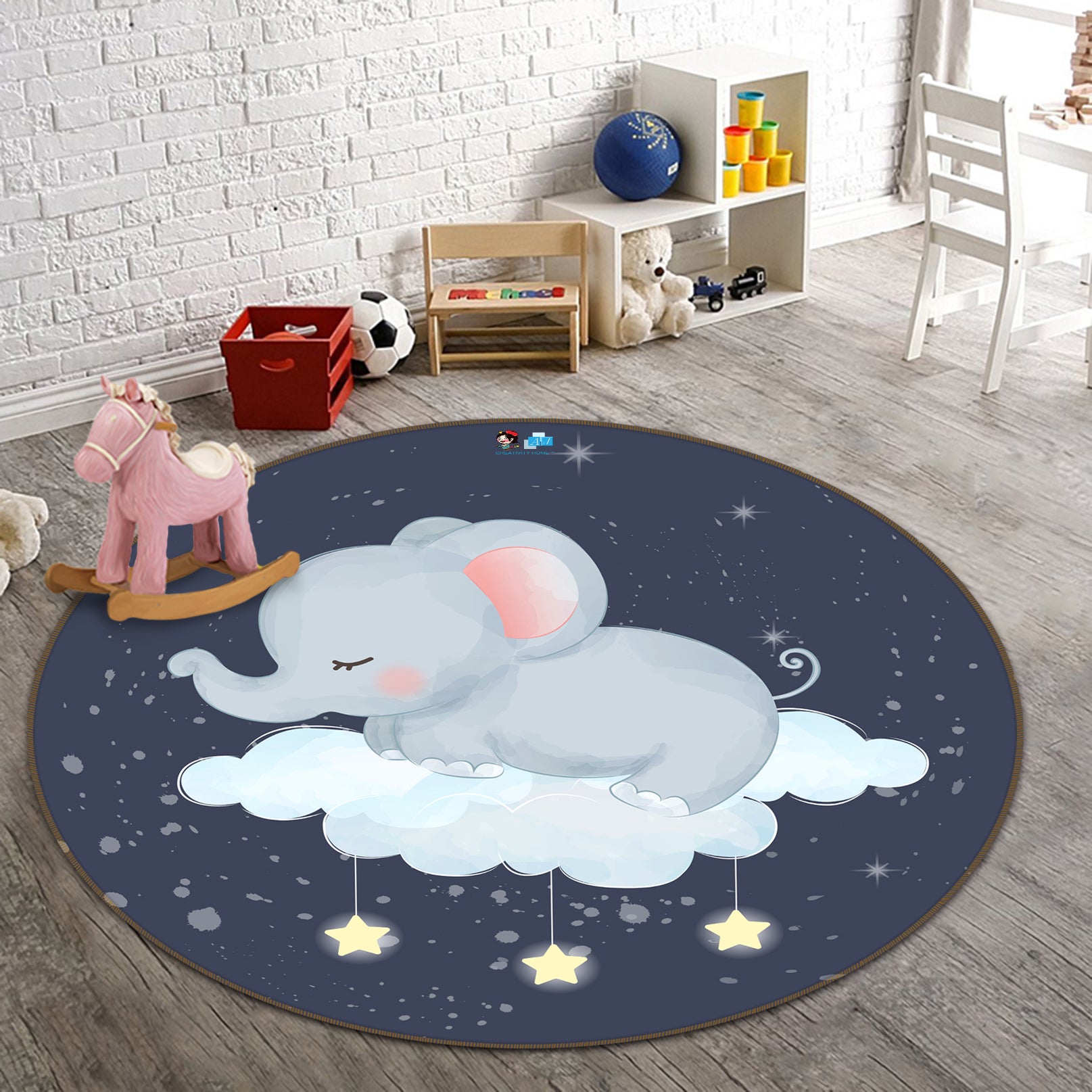 3D Clouds Elephant 74252 Round Non Slip Rug Mat