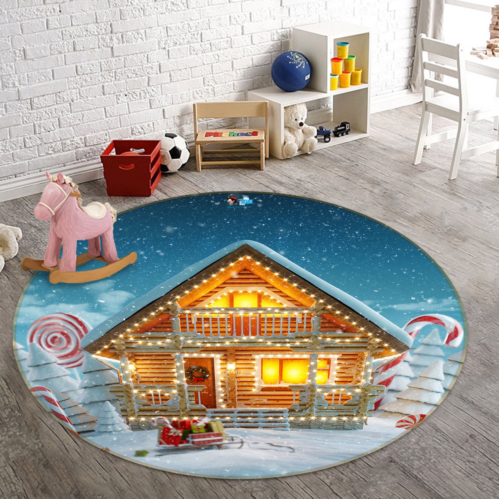 3D Snow House 54049 Christmas Round Non Slip Rug Mat Xmas