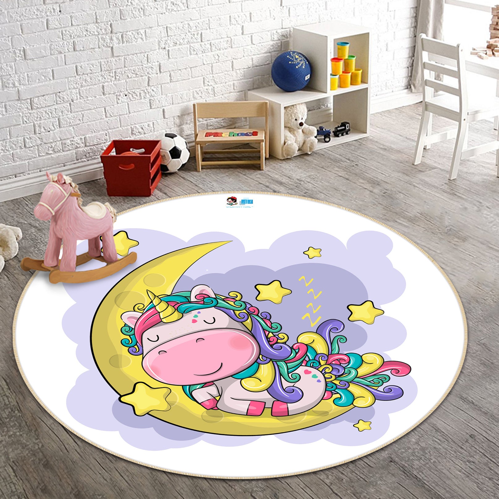 3D Cartoon Moon Unicorn 74203 Round Non Slip Rug Mat