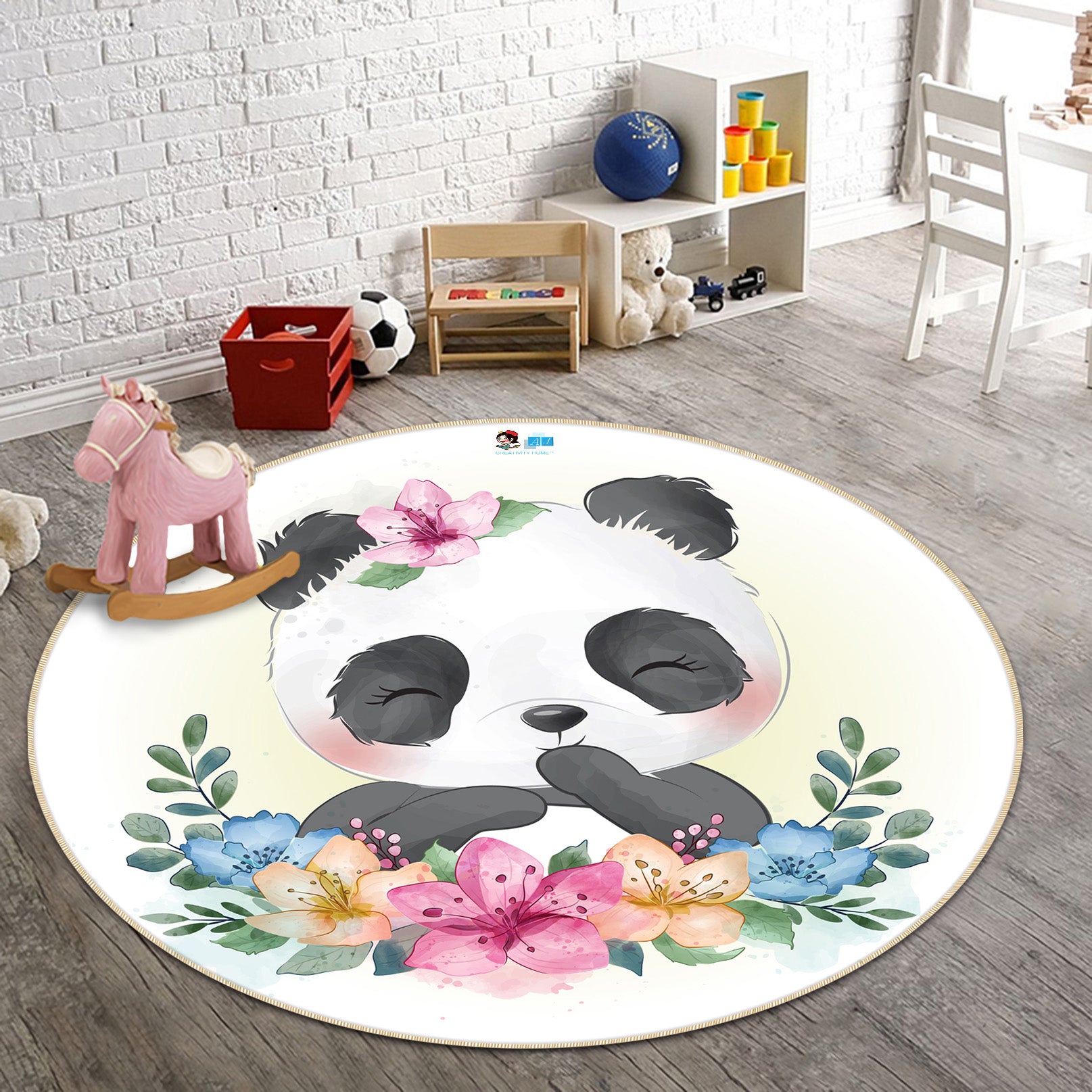 3D Panda Flower 74215 Round Non Slip Rug Mat