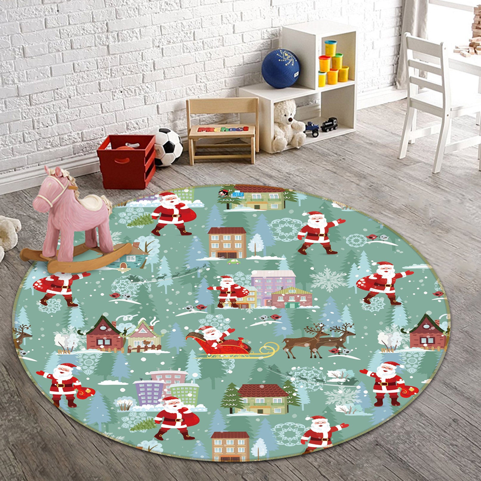 3D Santa House 54140 Christmas Round Non Slip Rug Mat Xmas
