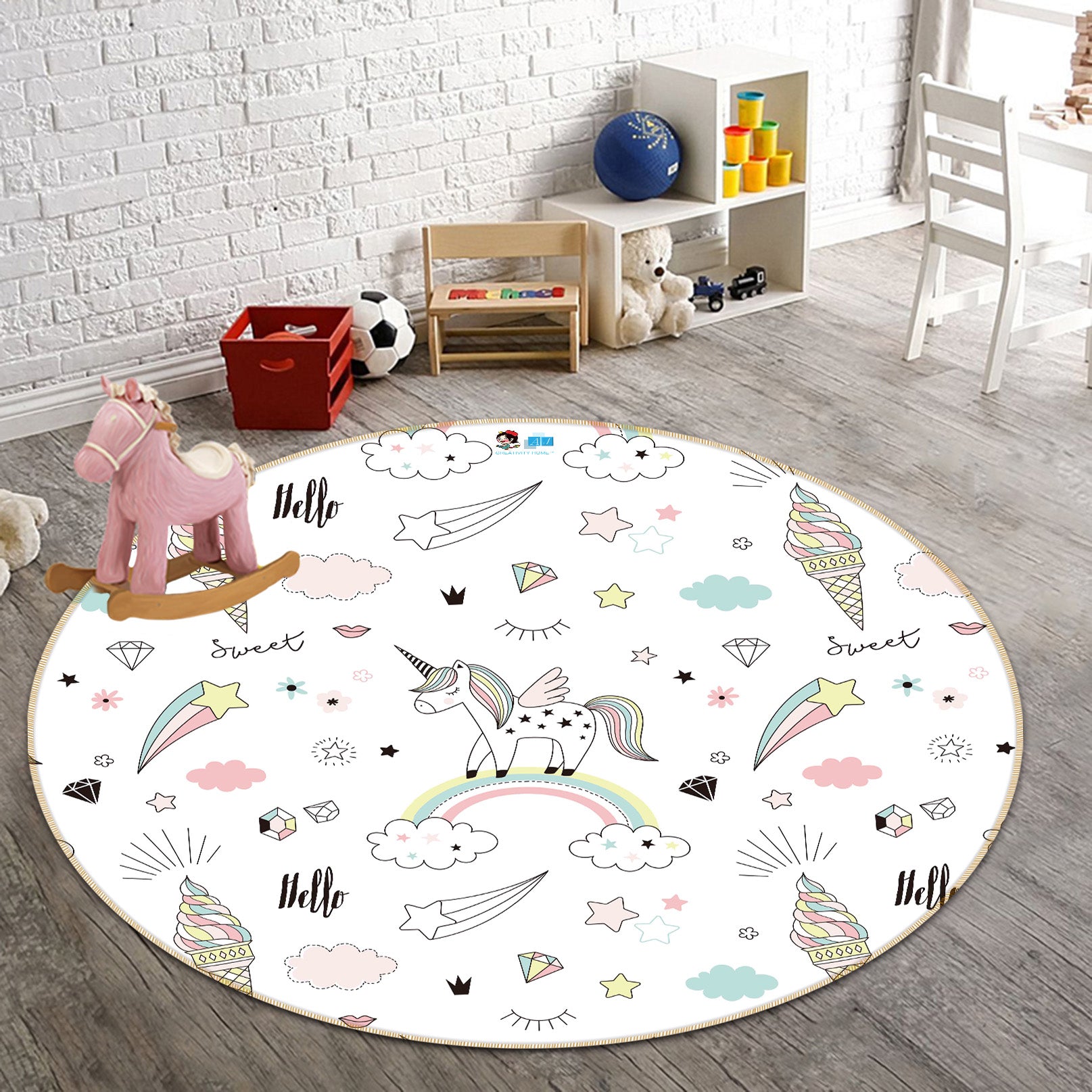 3D Rainbow Cloud Unicorn 64155 Round Non Slip Rug Mat