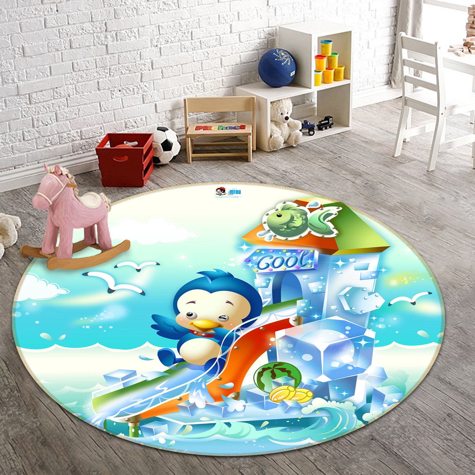 3D Slide Penguin 74297 Round Non Slip Rug Mat