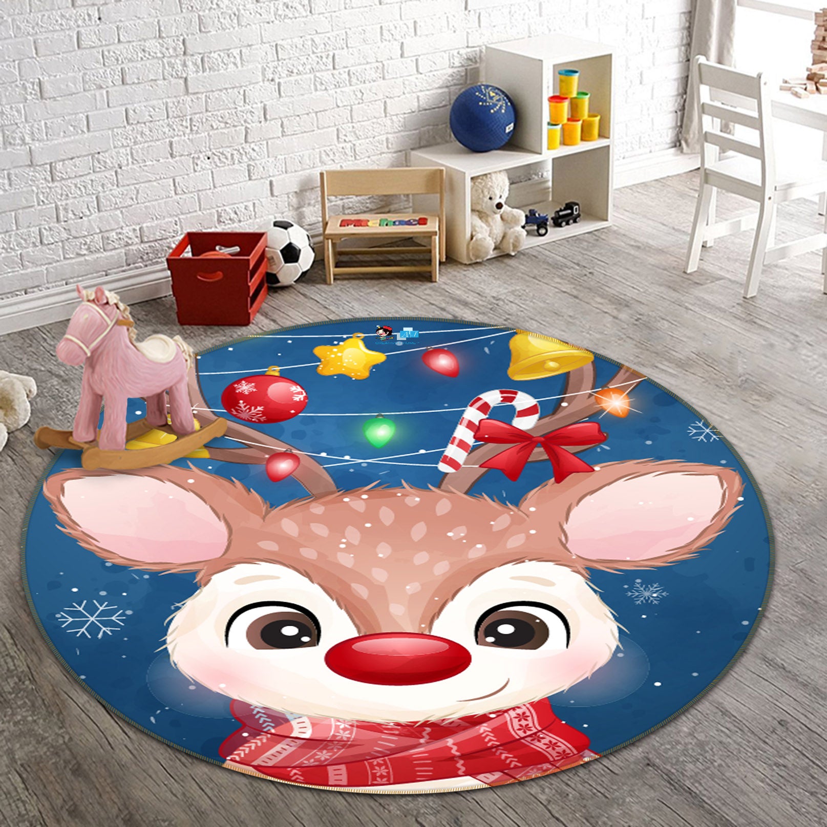 3D Deer 54106 Christmas Round Non Slip Rug Mat Xmas