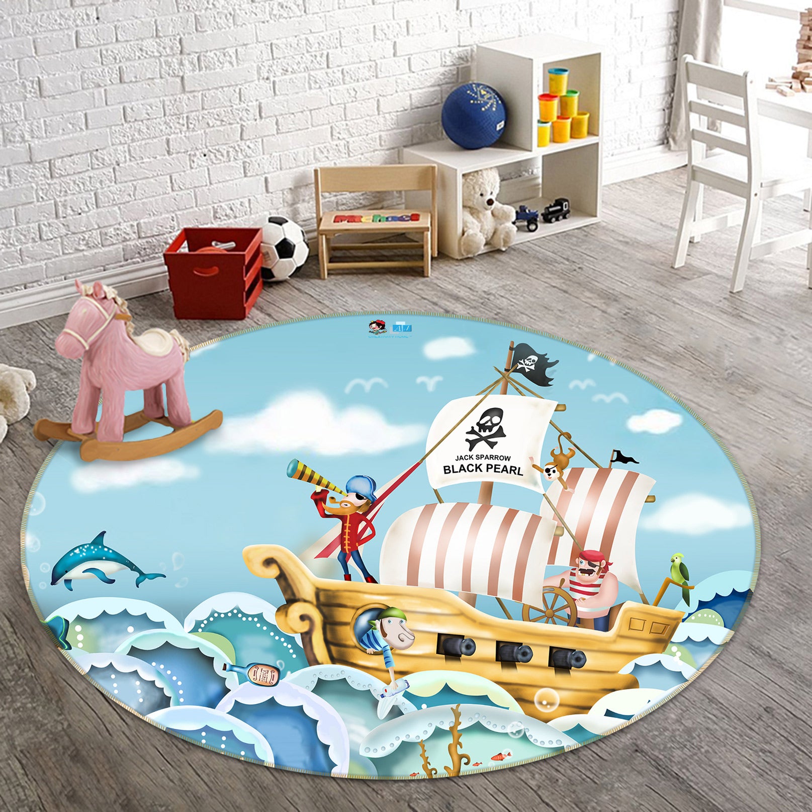 3D Cartoon Pirate Ship 80273 Round Non Slip Rug Mat