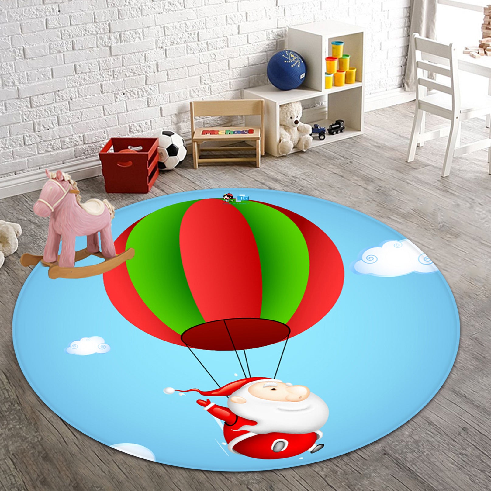 3D Hot Air Balloon Santa 66014 Christmas Round Non Slip Rug Mat Xmas