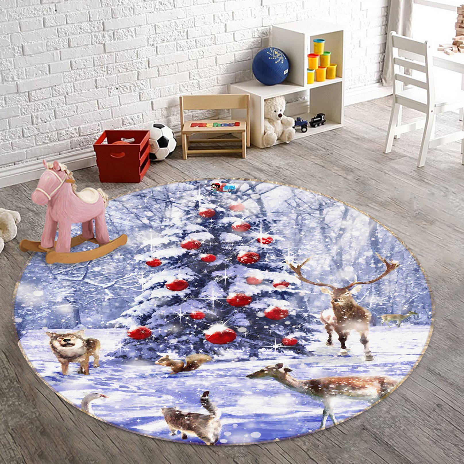3D Snow Deer 54027 Christmas Round Non Slip Rug Mat Xmas