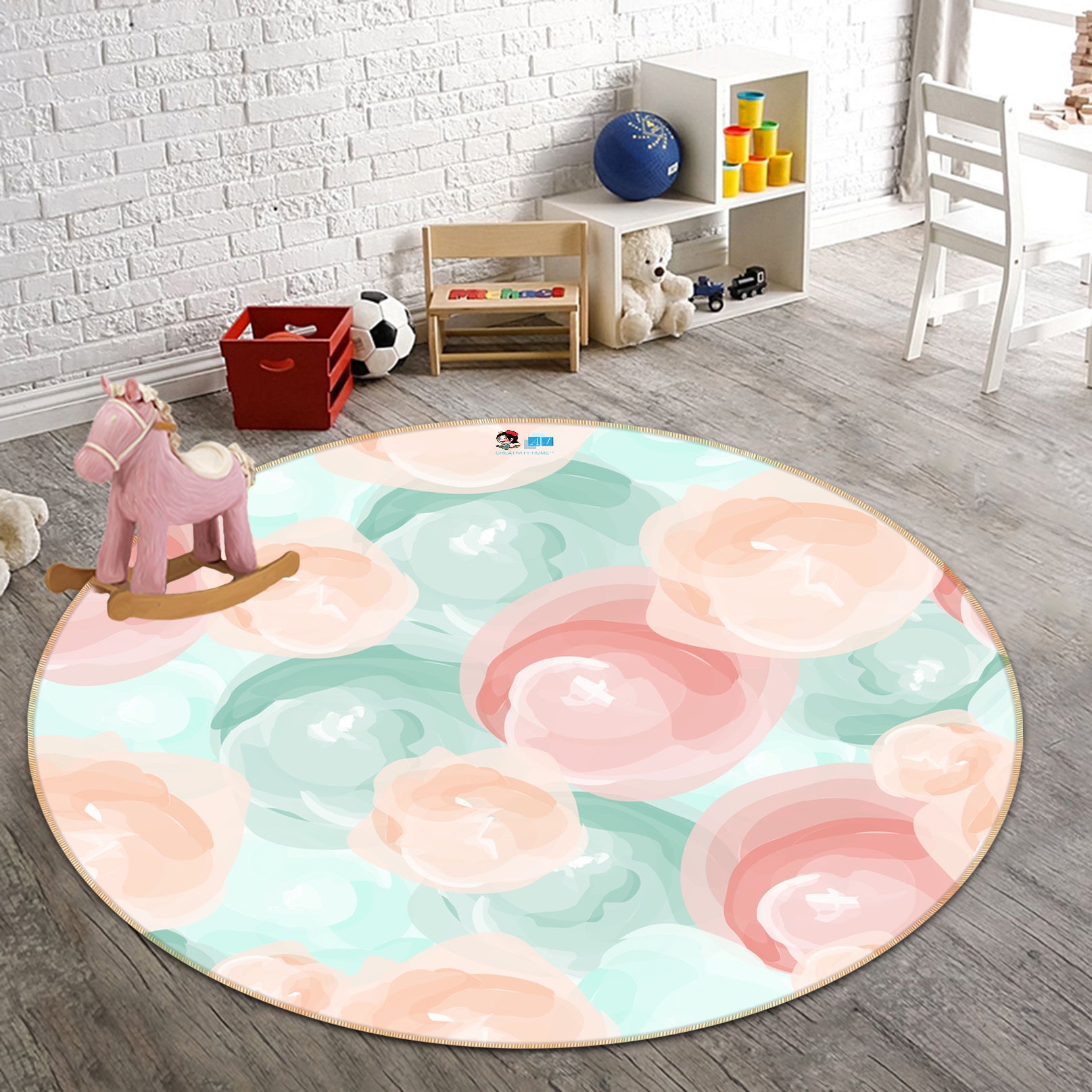 3D Pink Light Blue Ball 64175 Round Non Slip Rug Mat