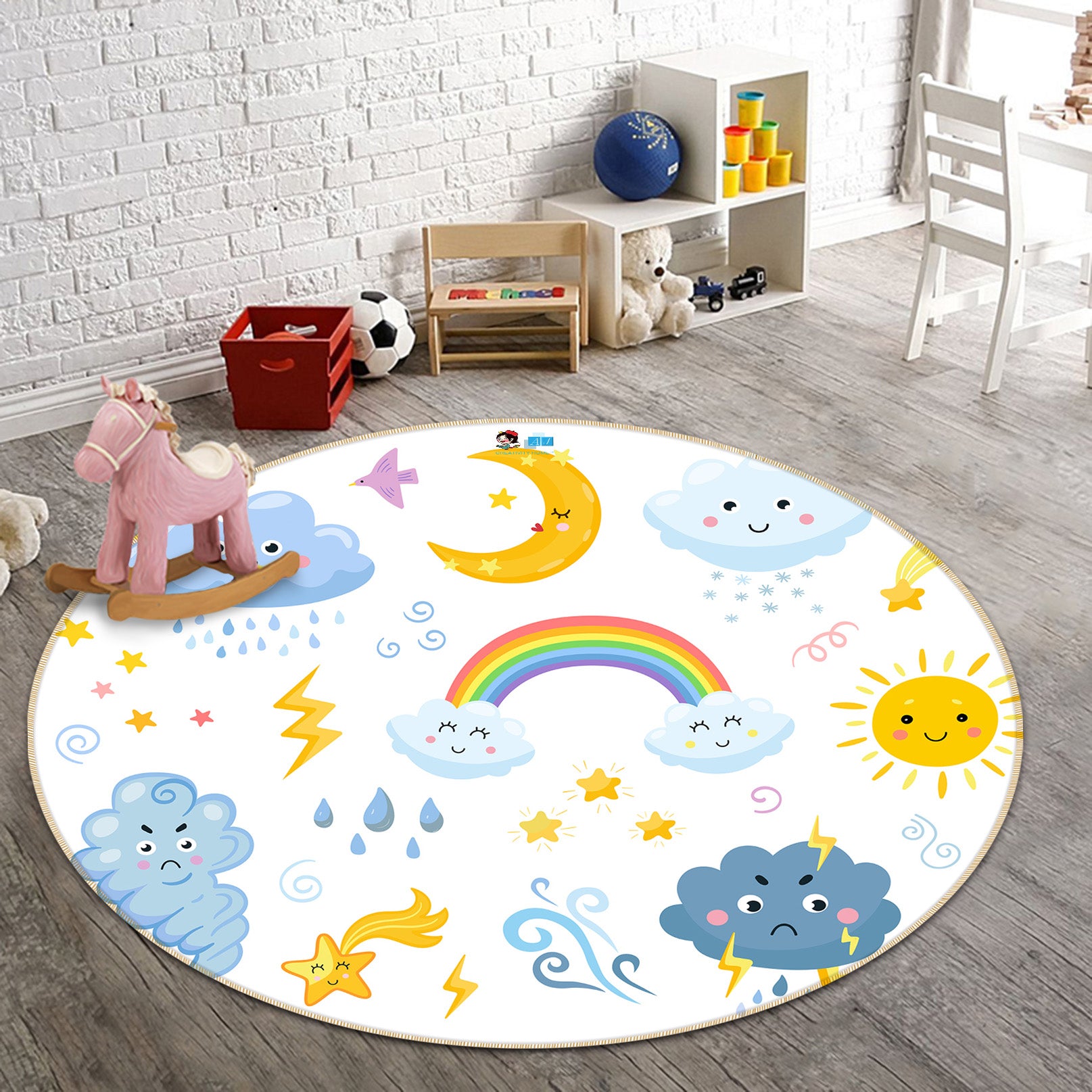 3D Clouds Rainbow Moon Sun 81147 Round Non Slip Rug Mat