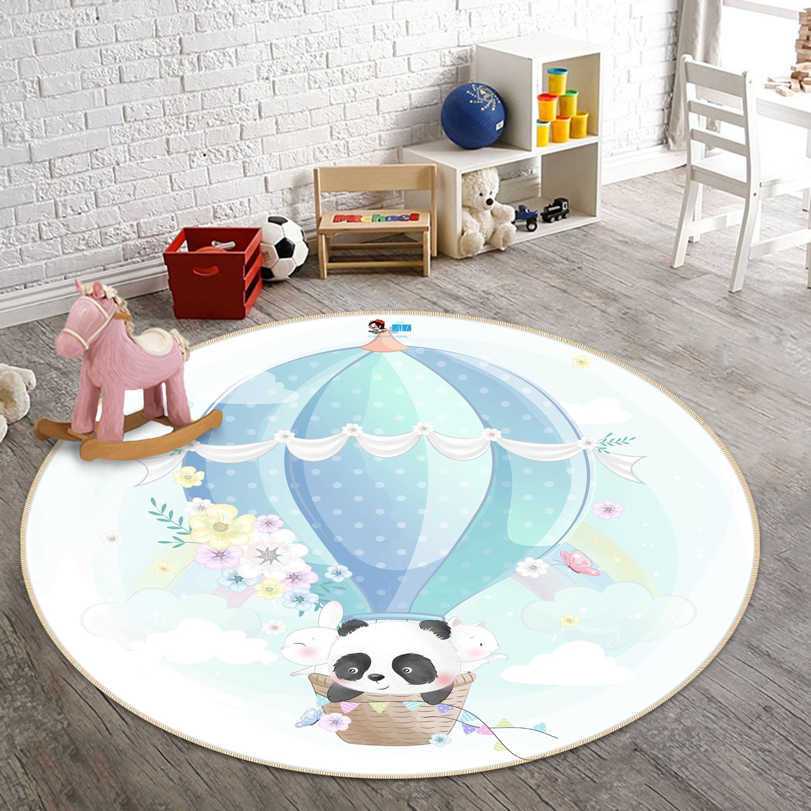 3D Blue Hot Air Balloon Panda 74254 Round Non Slip Rug Mat