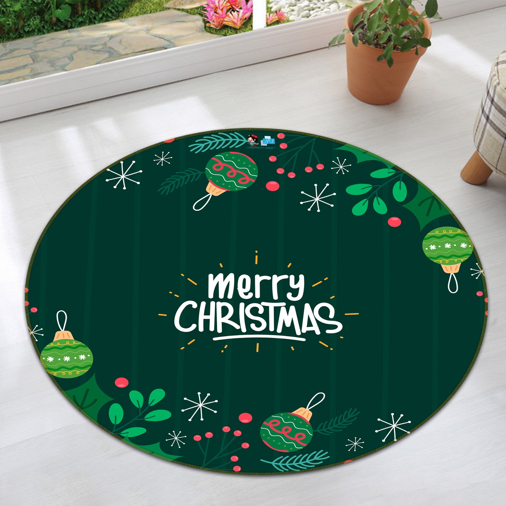 3D Christmas Green Balls 81129 Round Non Slip Rug Mat