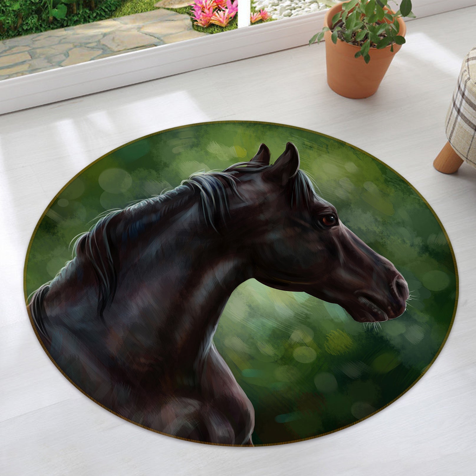 3D Black Horse 37163 Animal Round Non Slip Rug Mat