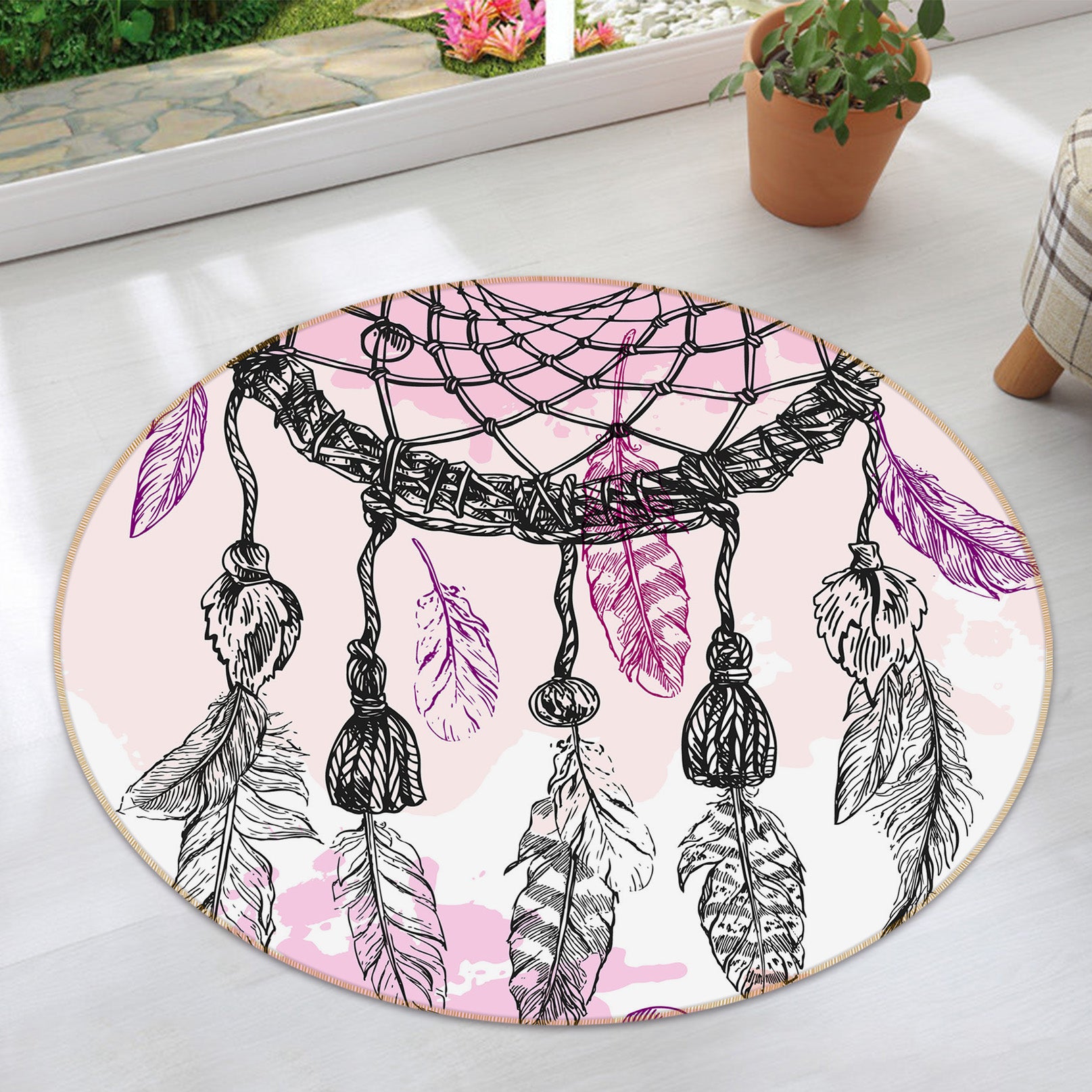 3D Feather 29020 Round Non Slip Rug Mat