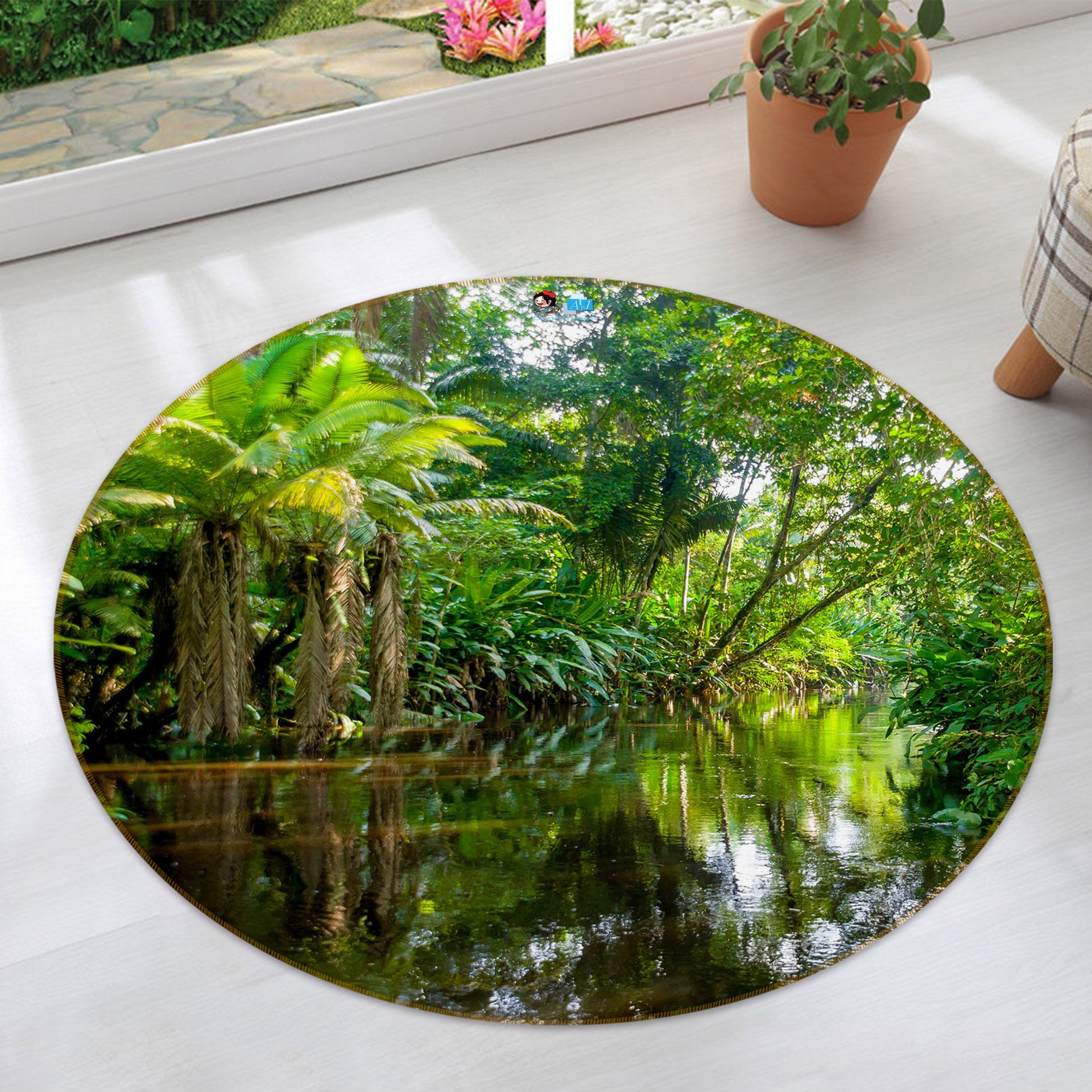 3D Tropical Woods River 74056 Round Non Slip Rug Mat