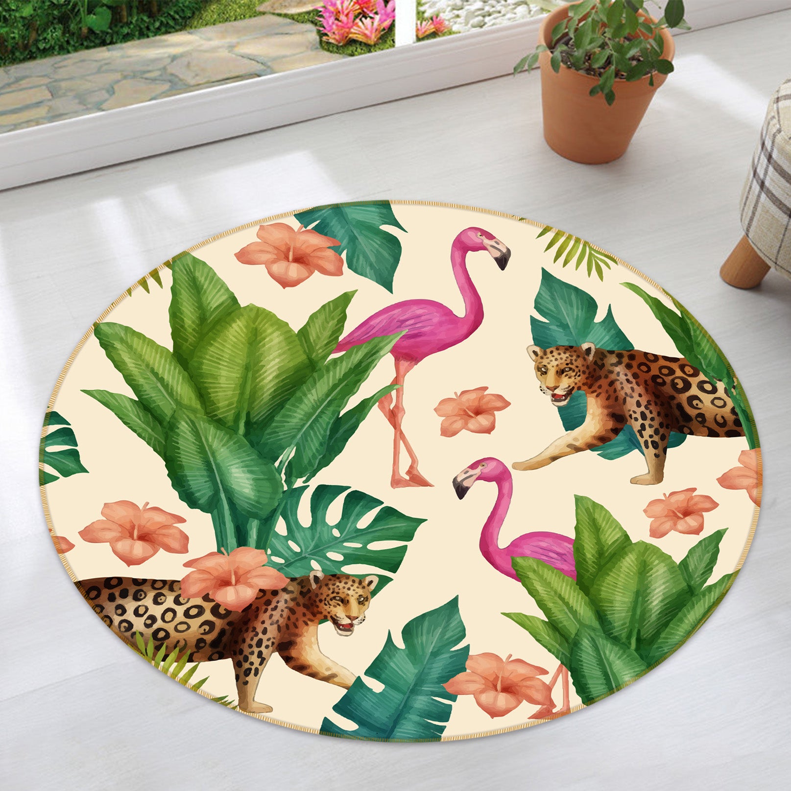 3D Leopard Flamingo 38086 Animal Round Non Slip Rug Mat