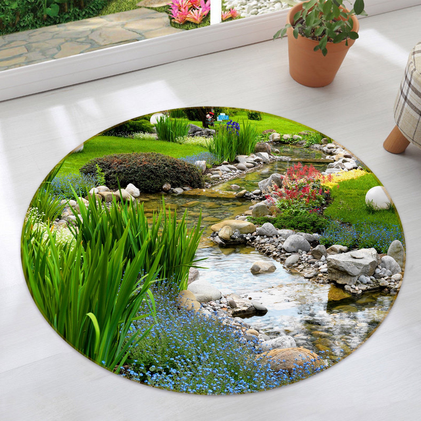 3D Grass Stream 69163 Round Non Slip Rug Mat