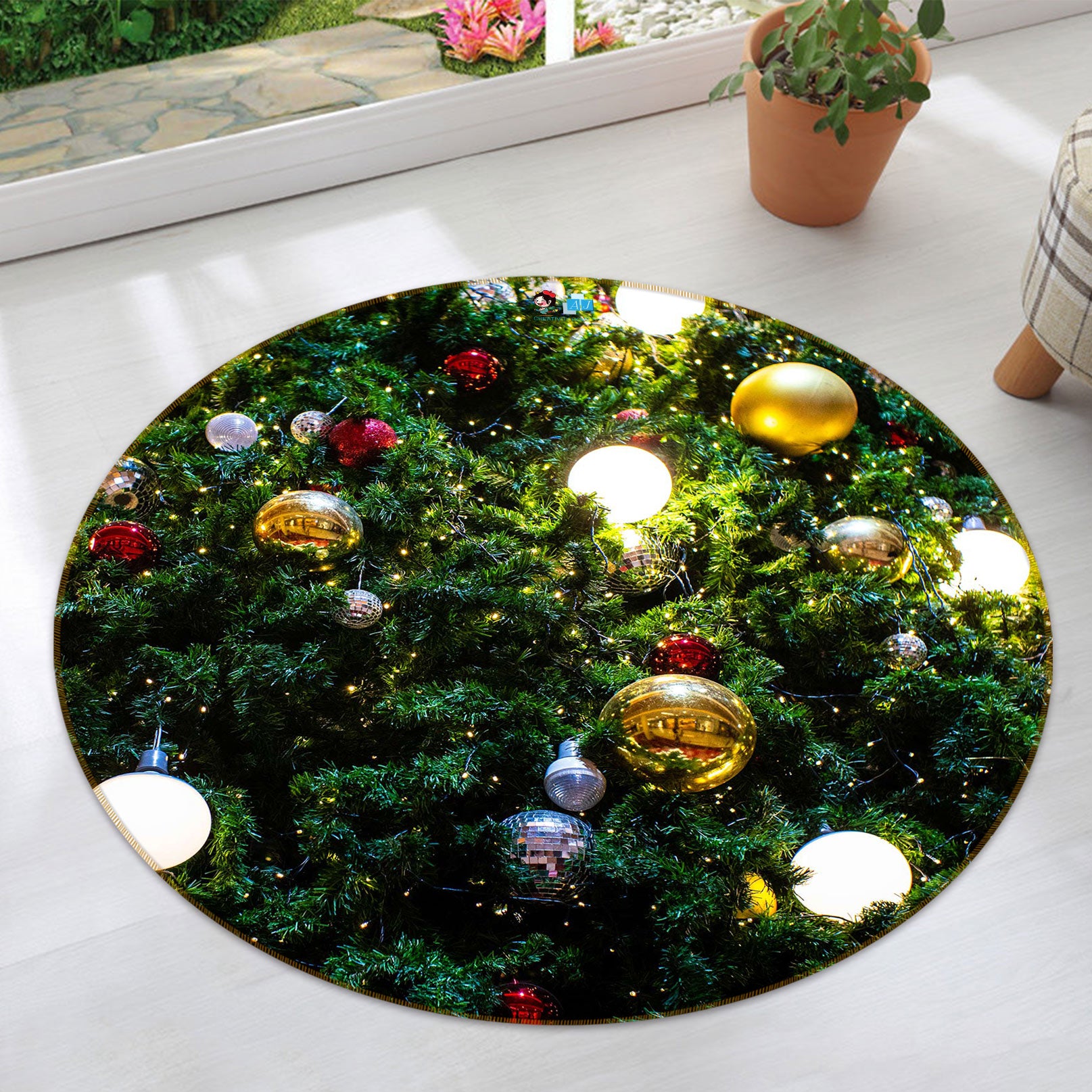 3D Tree Ball 54091 Christmas Round Non Slip Rug Mat Xmas