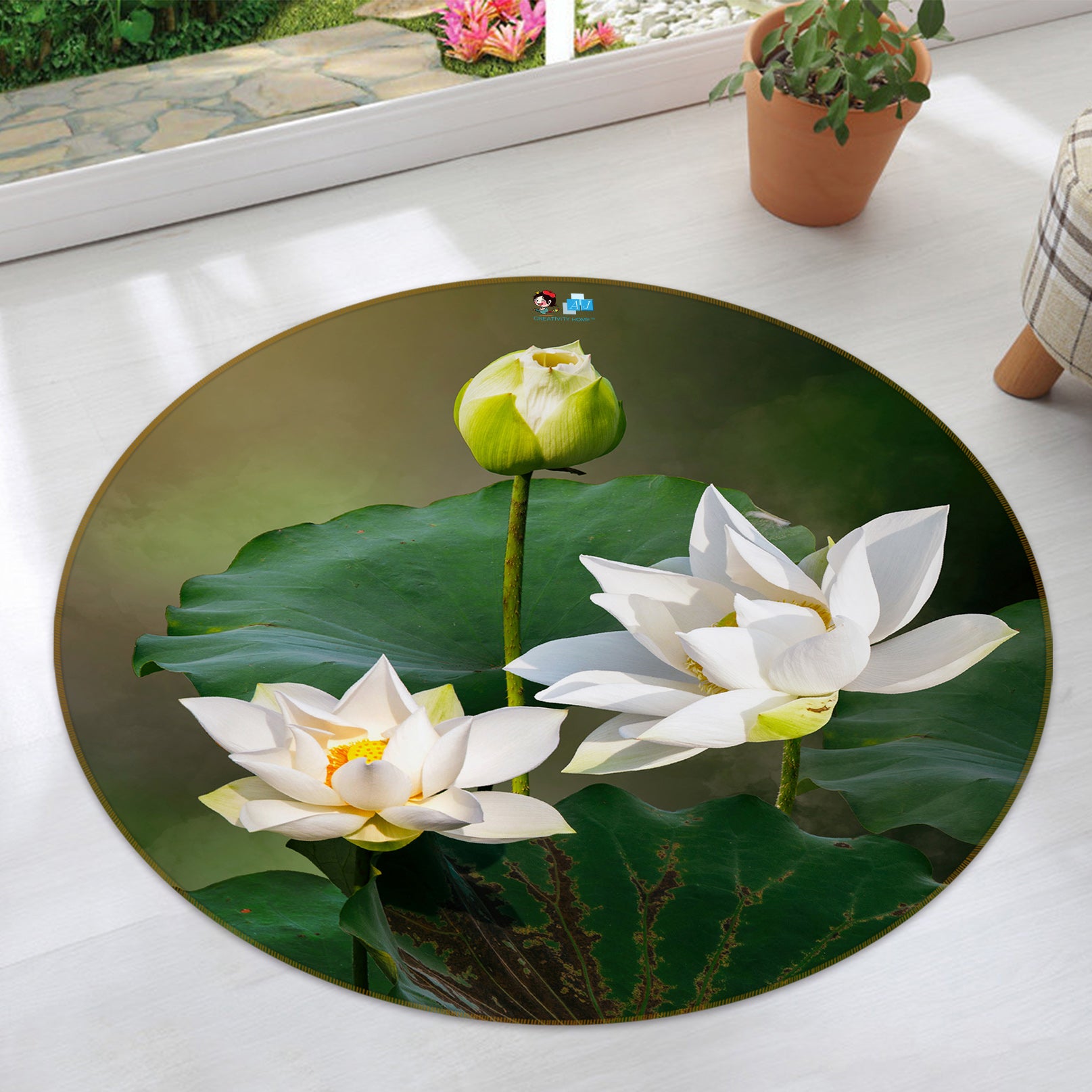 3D White Lotus 71165 Round Non Slip Rug Mat