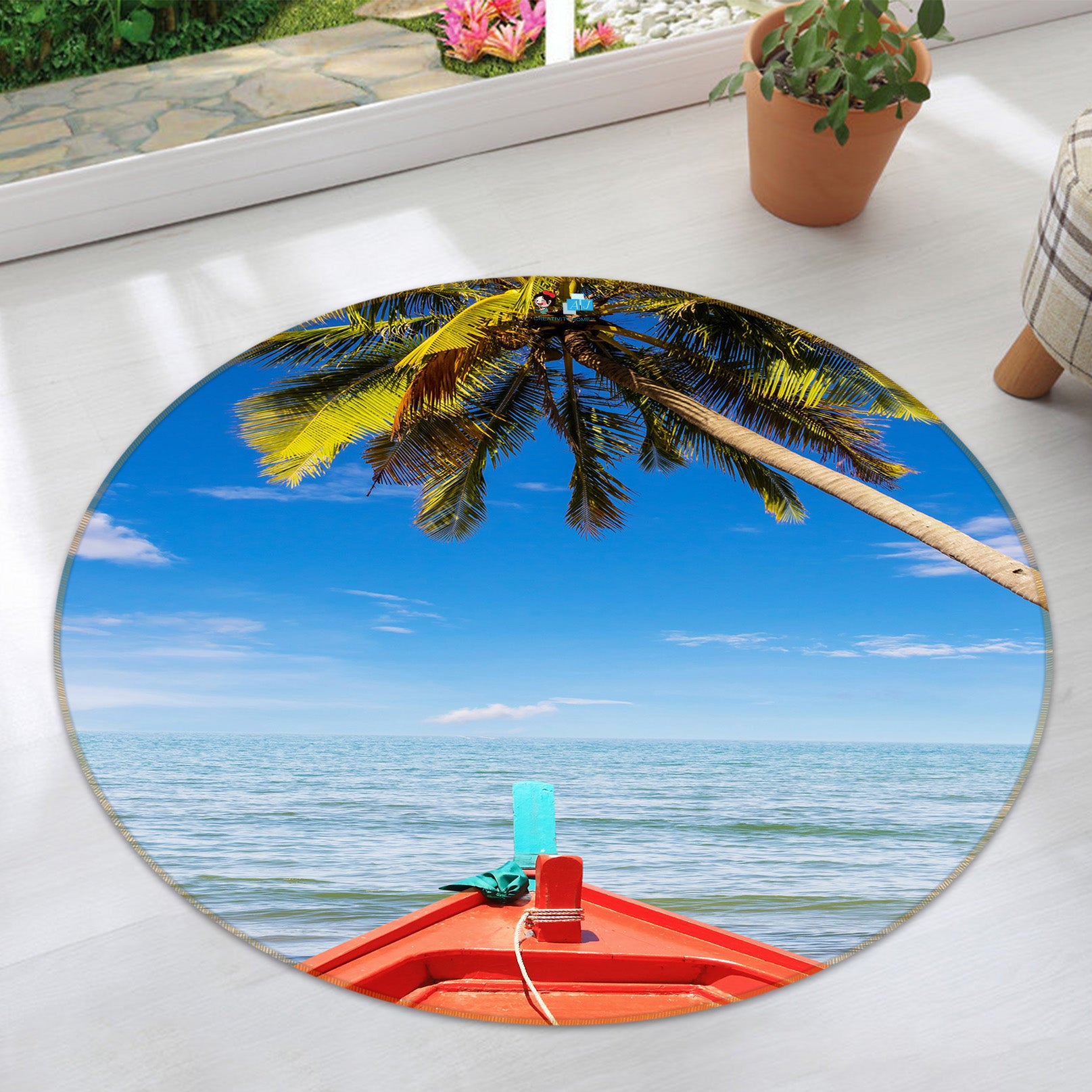 3D Coconut Tree Boat Sea 74144 Round Non Slip Rug Mat