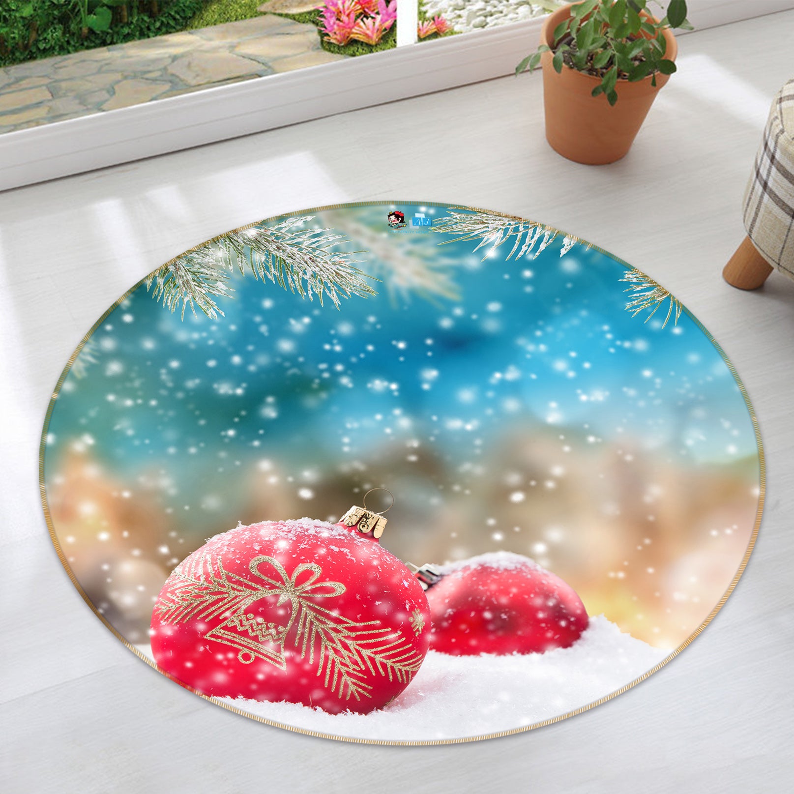 3D Red Ball 54142 Christmas Round Non Slip Rug Mat Xmas