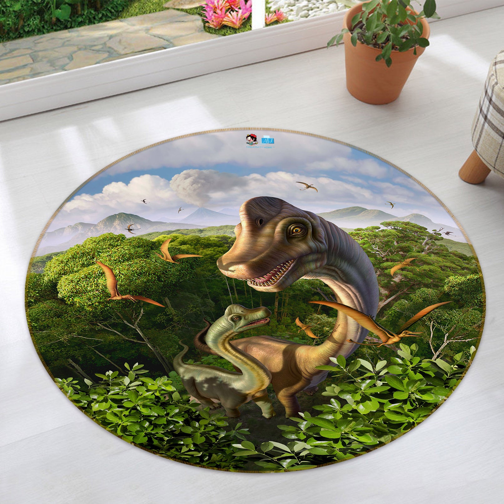 3D Jungle Dinosaur 83119 Jerry LoFaro Rug Round Non Slip Rug Mat