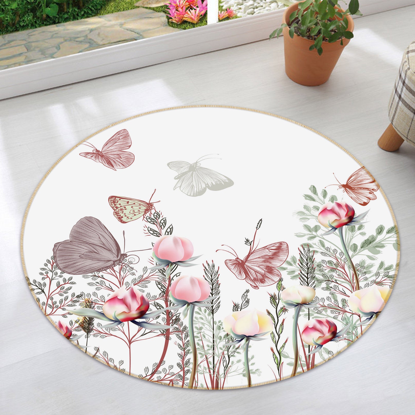 3D Butterfly Bush 29090 Round Non Slip Rug Mat